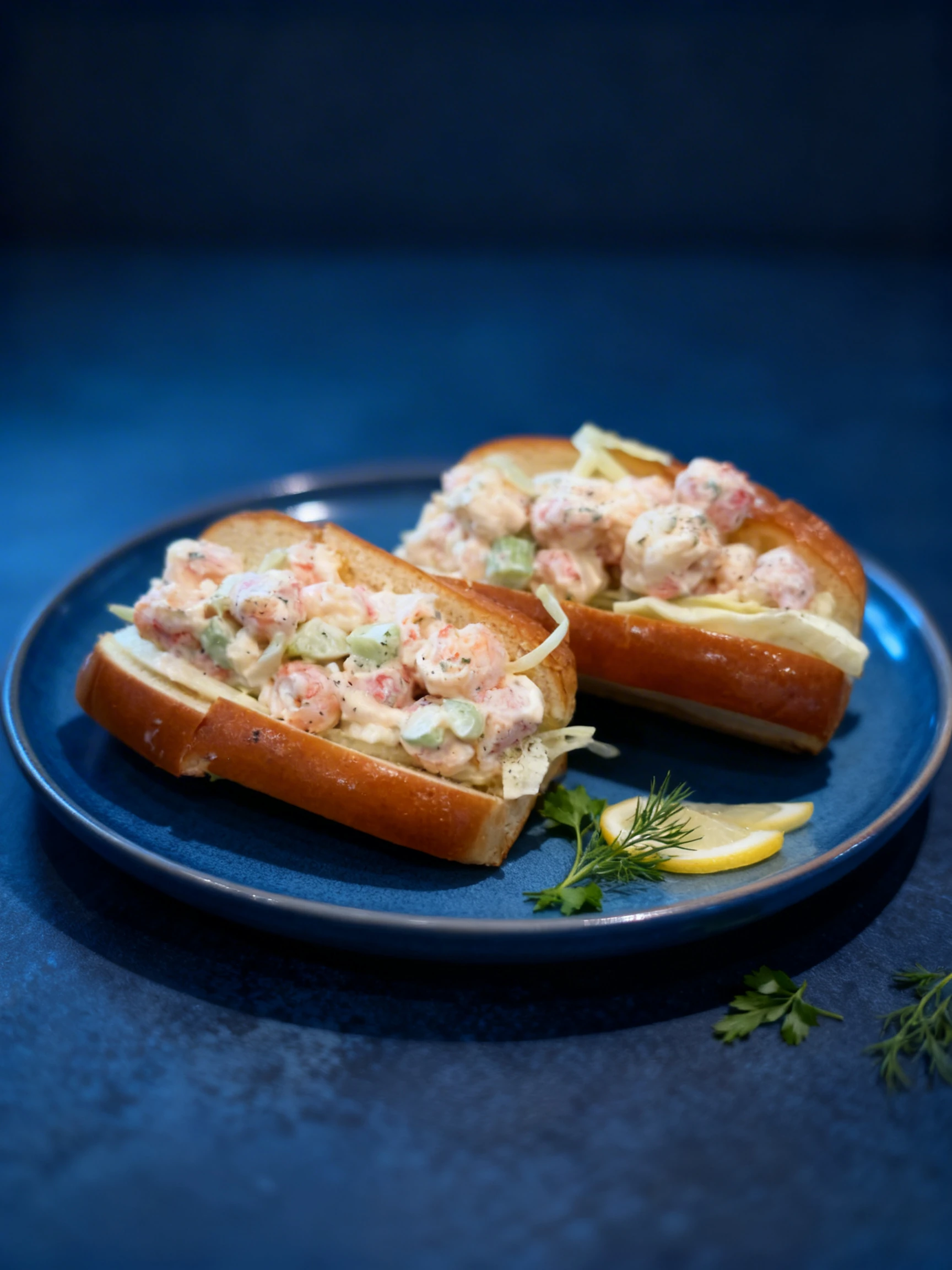 Two shrimp salad rolls served in toasted brioche buns with visible celery and herbs, presented on a black rectangular plate.