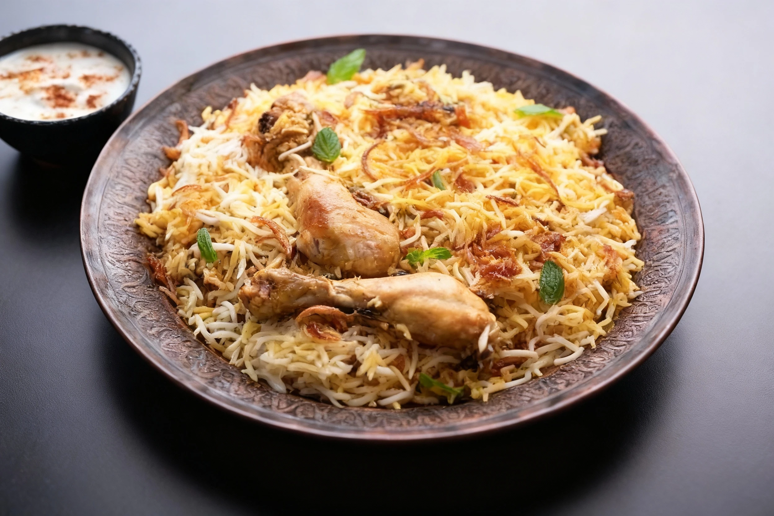 Chicken biryani featuring basmati rice mixed with aromatic spices, topped with whole chicken drumsticks, crispy fried onions, and fresh mint leaves, served with