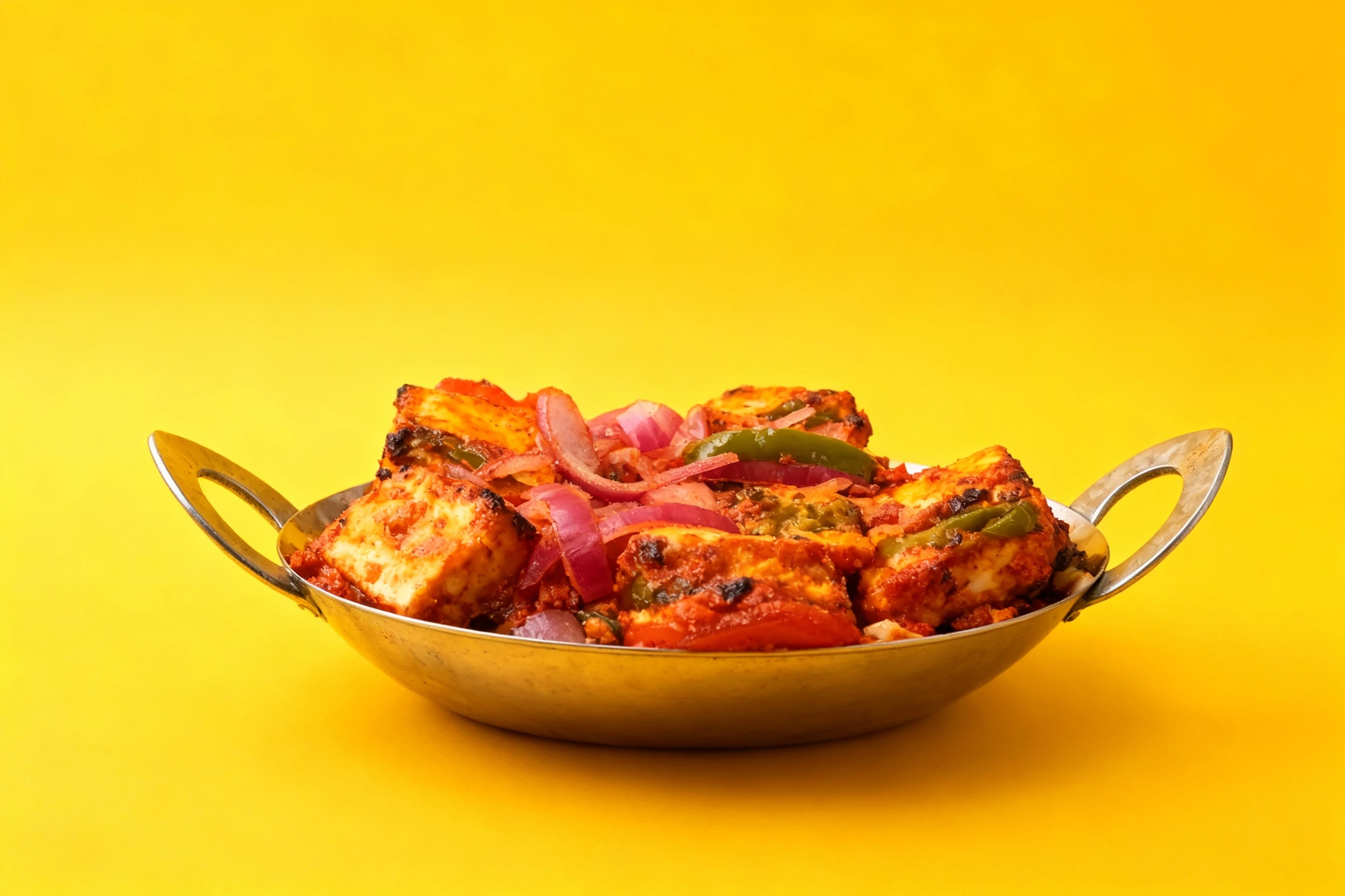 Paneer tikka consisting of marinated cheese cubes grilled with green bell peppers and topped with sliced red onions in a metal serving balti dish.