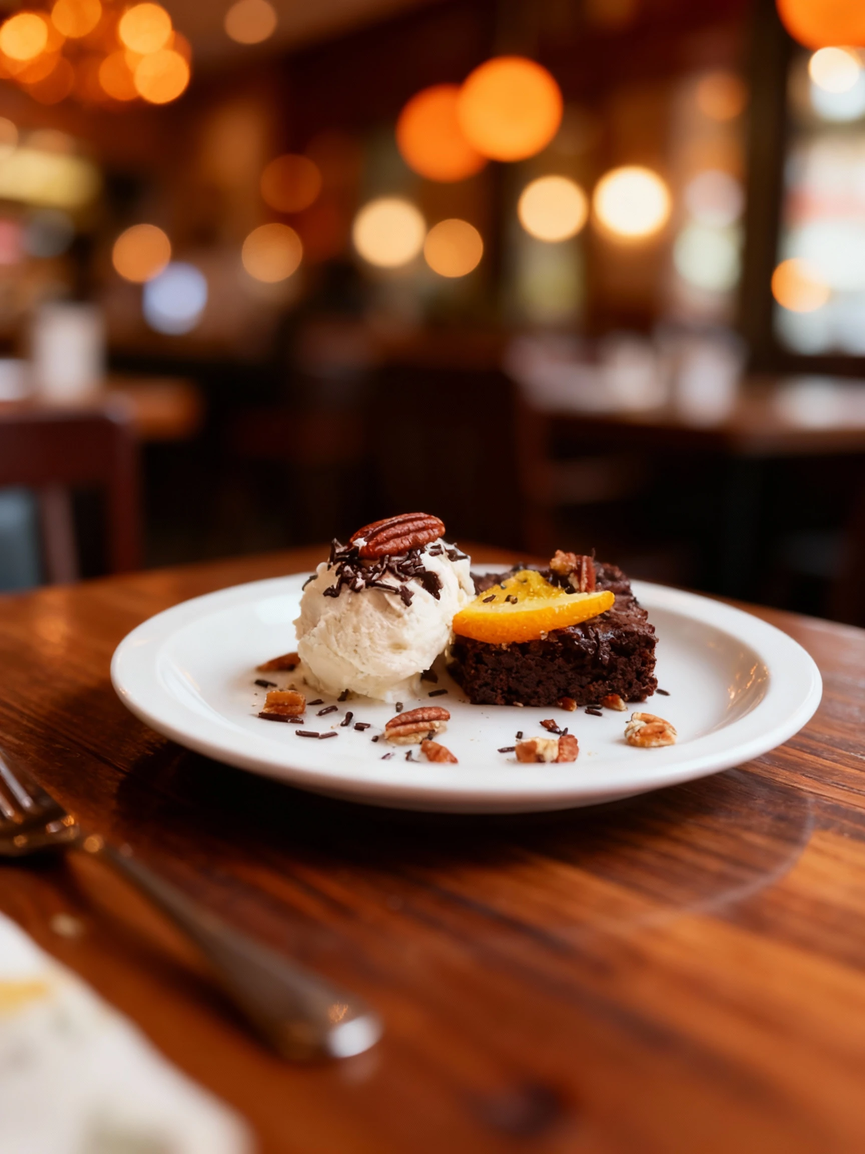 A square of dense chocolate brownie or fudge cake is served with a scoop of vanilla ice cream, topped with a pecan half and a slice of orange.