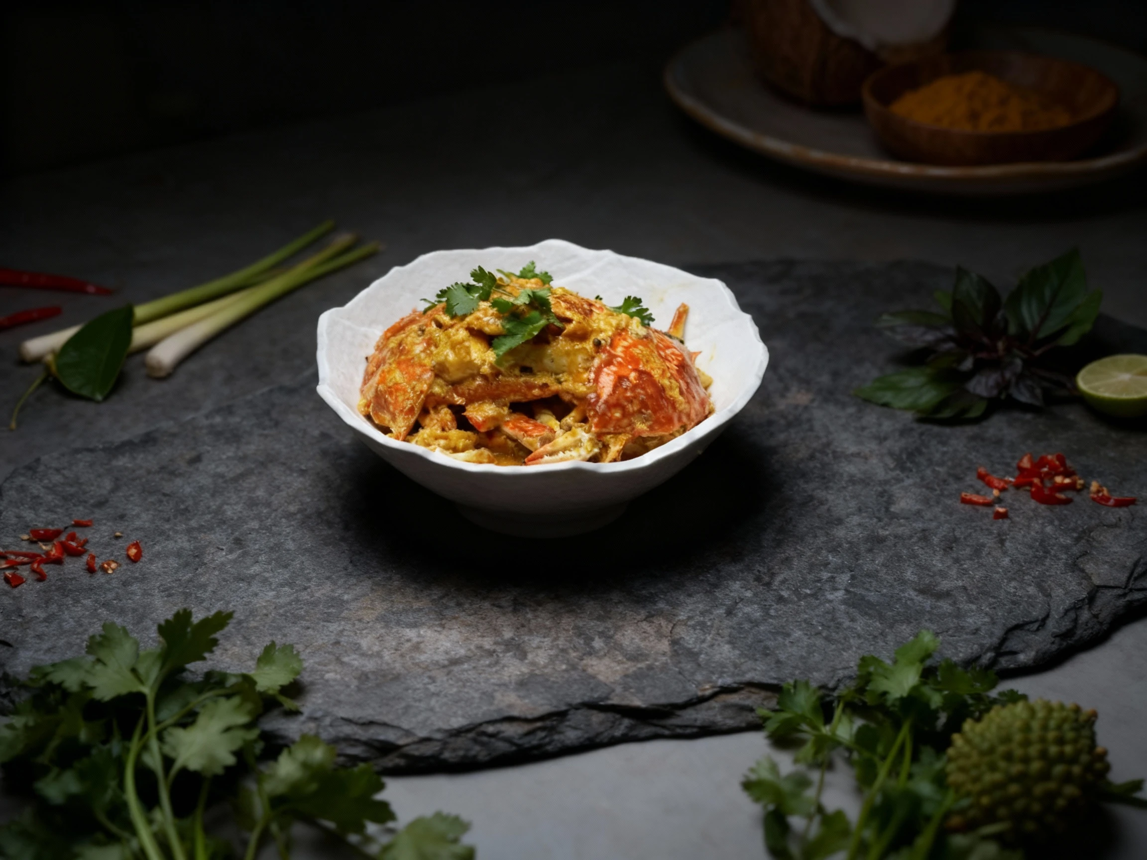 Thai yellow curry crab topped with fresh cilantro sprigs, served in a white scalloped bowl.