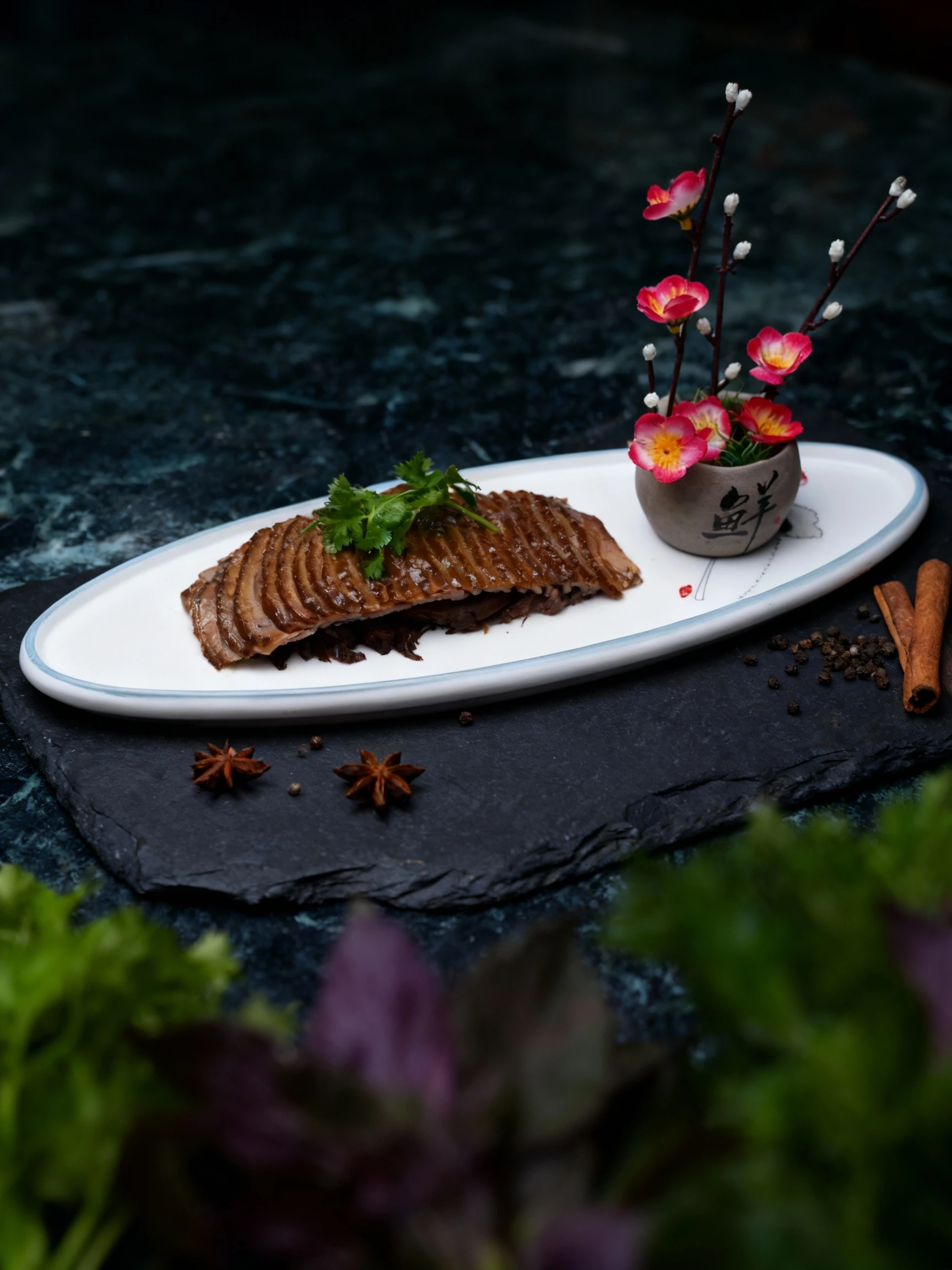 Slices of braised duck meat topped with a sprig of fresh cilantro, served on an oval platter alongside a small decorative floral arrangement.