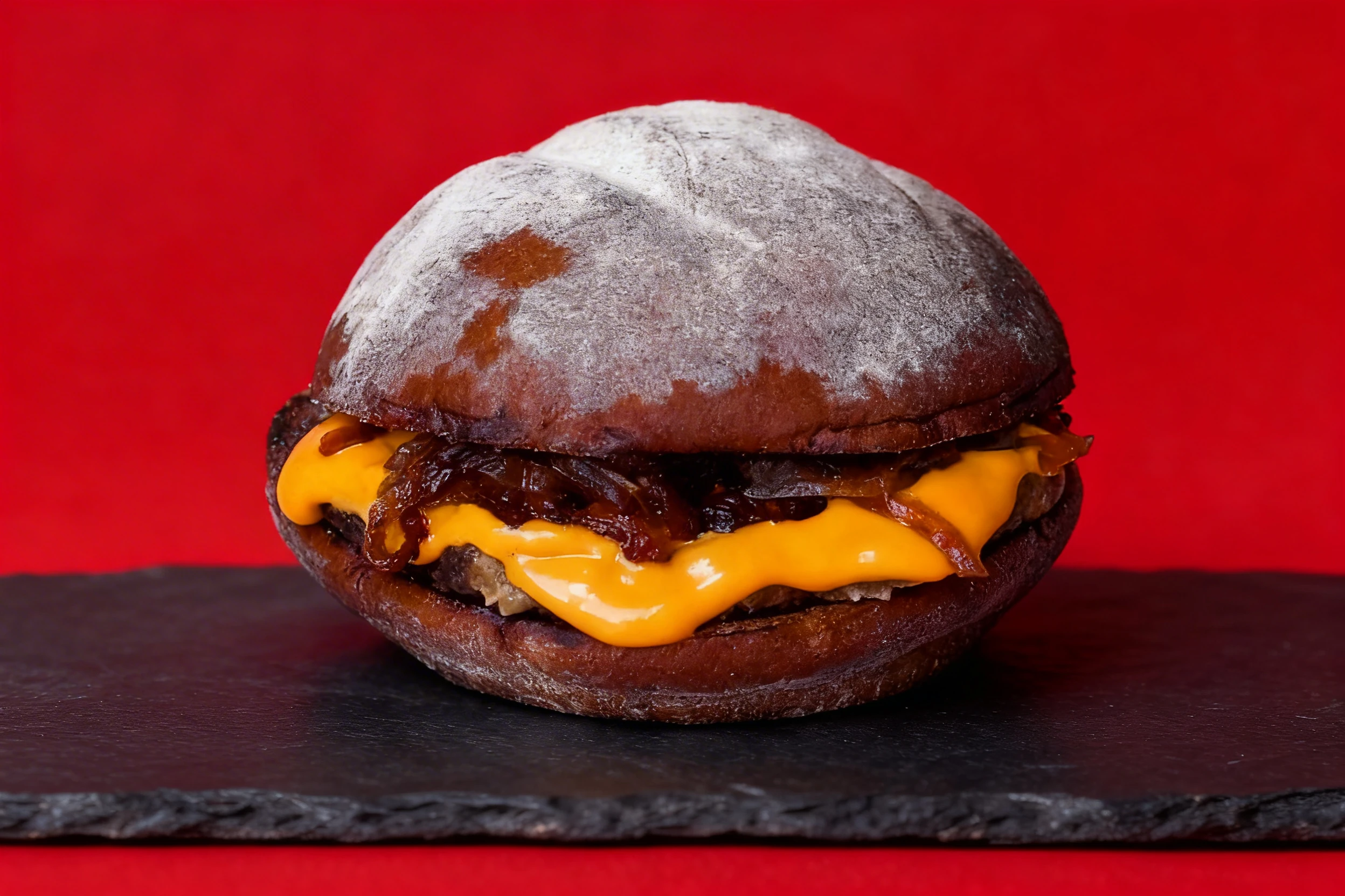 A gourmet burger featuring a dark malted bun, melted cheddar cheese, and caramelized onions.