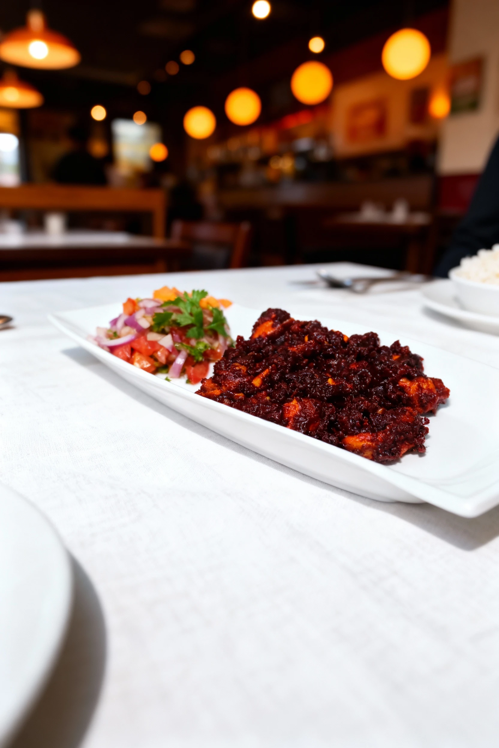 A deeply spiced preparation of meat or chicken, possibly a dry roast or masala, entirely coated in a thick, dark red chili and spice paste. The dish is served o