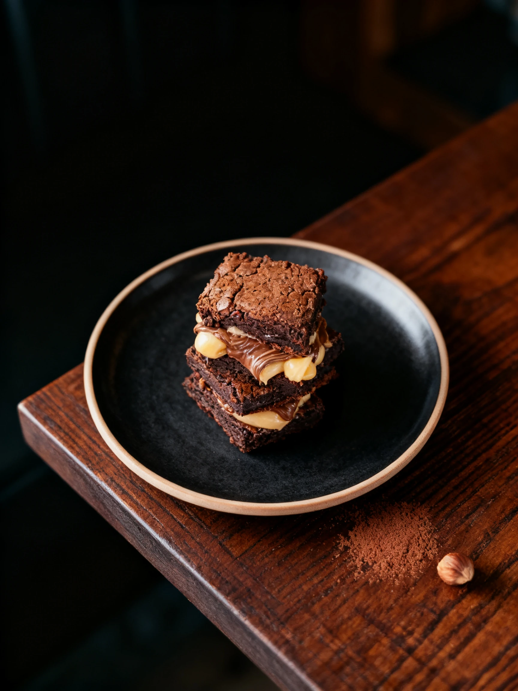 A stack of four fudge brownies layered with swirls of chocolate hazelnut spread and creamy dulce de leche.