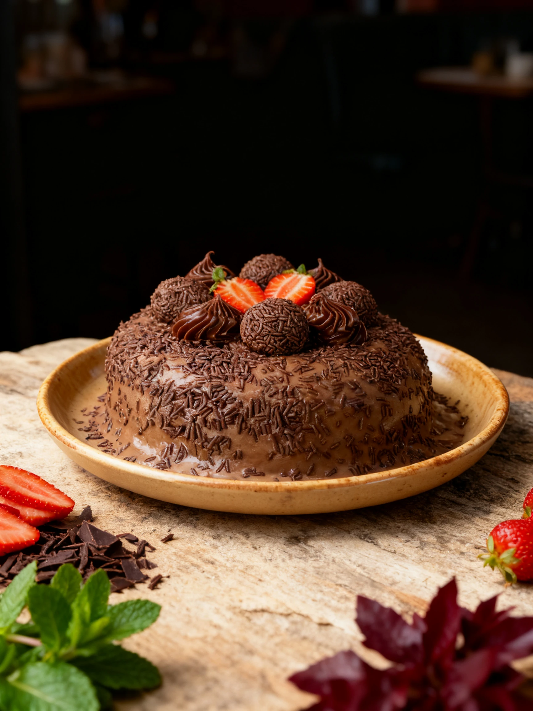 A chocolate brigadeiro cake covered in chocolate sprinkles and topped with chocolate truffles, swirls of ganache, and fresh sliced strawberries.