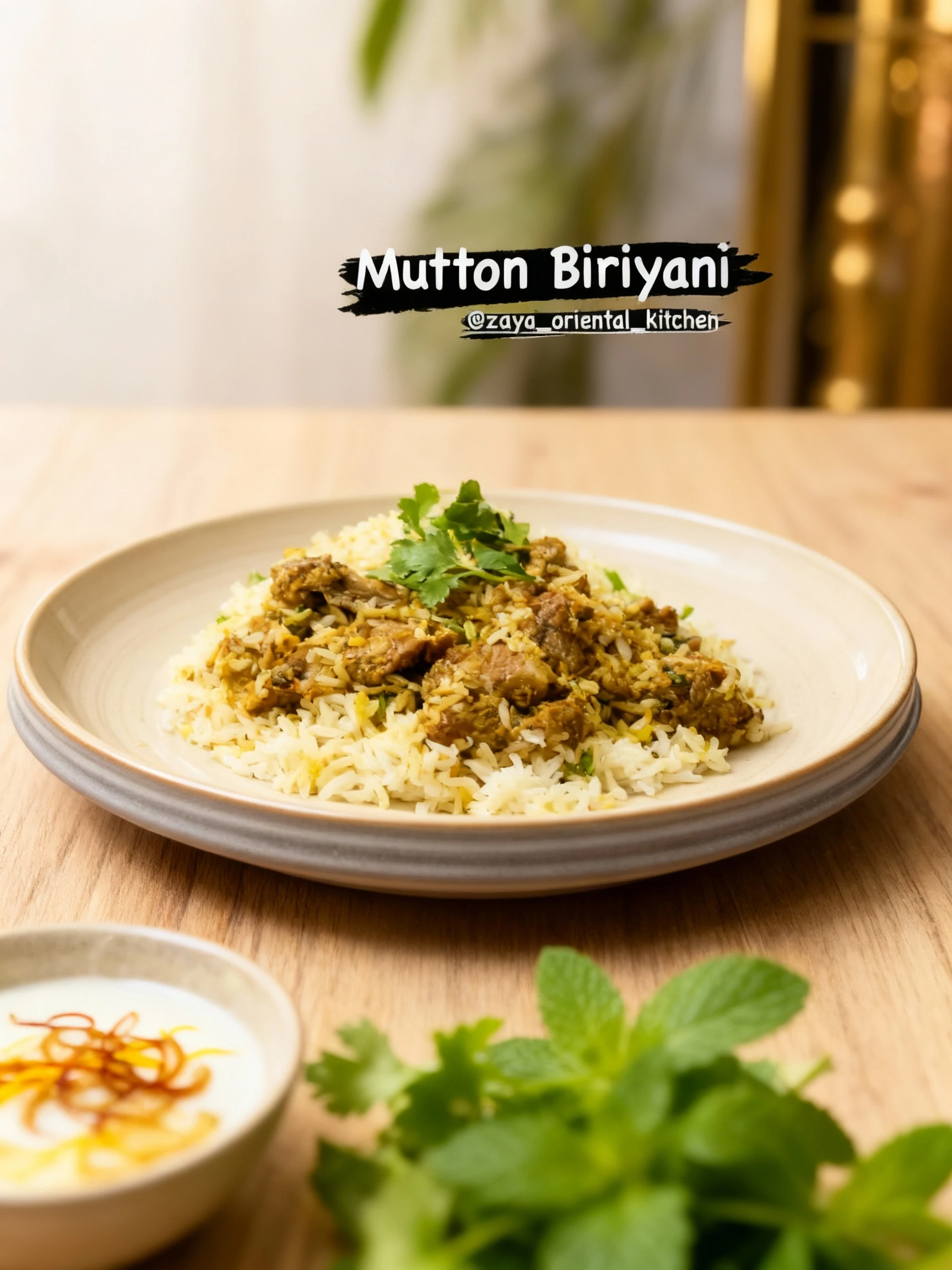 Mutton biryani featuring seasoned, tender pieces of meat mixed with spiced rice, served alongside a pile of mostly plain rice and garnished with fresh green her
