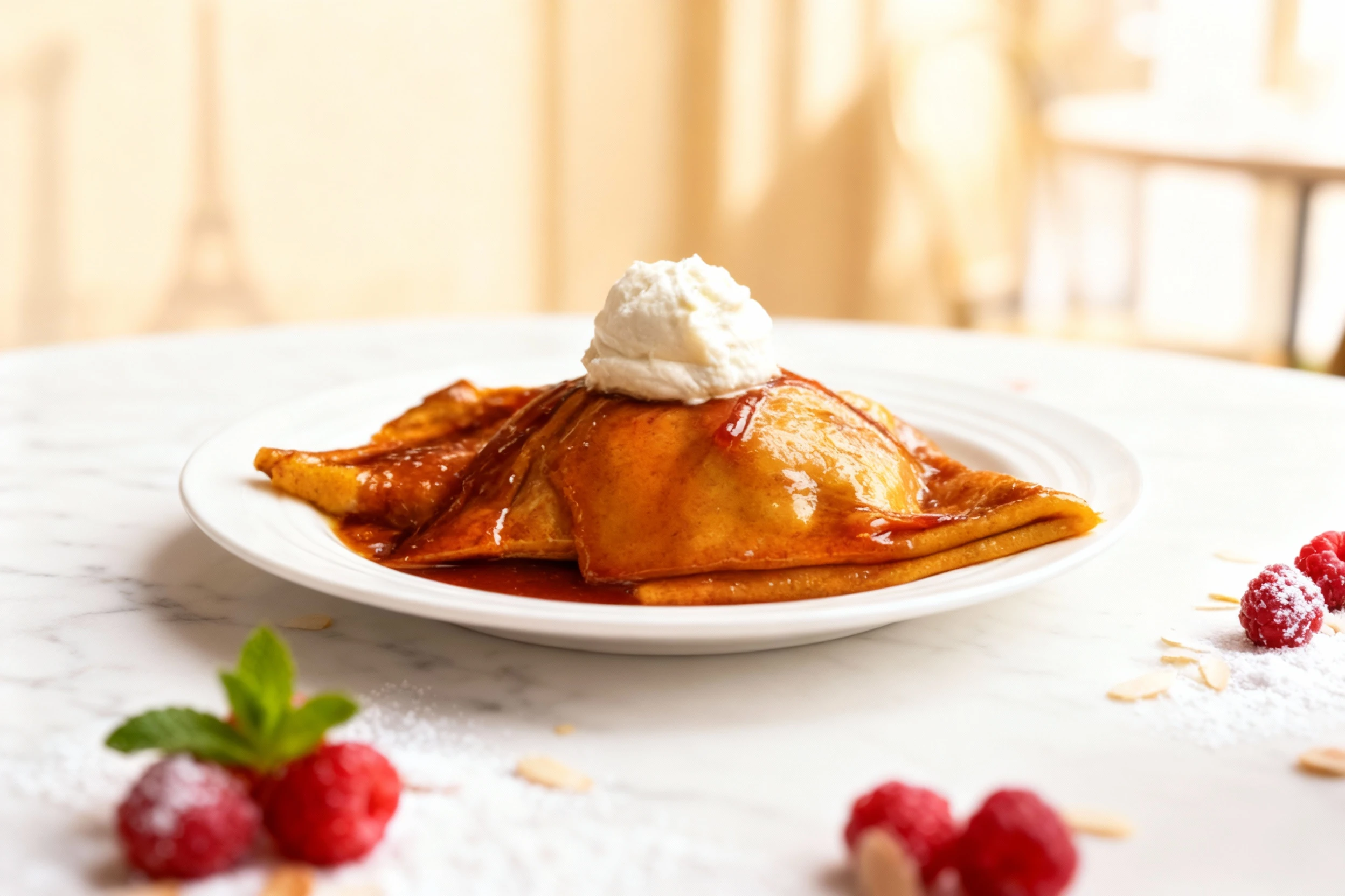 Folded crepes or thin pancakes drenched in a glossy, reddish-brown caramel or fruit sauce, topped with a scoop of white whipped cream.
