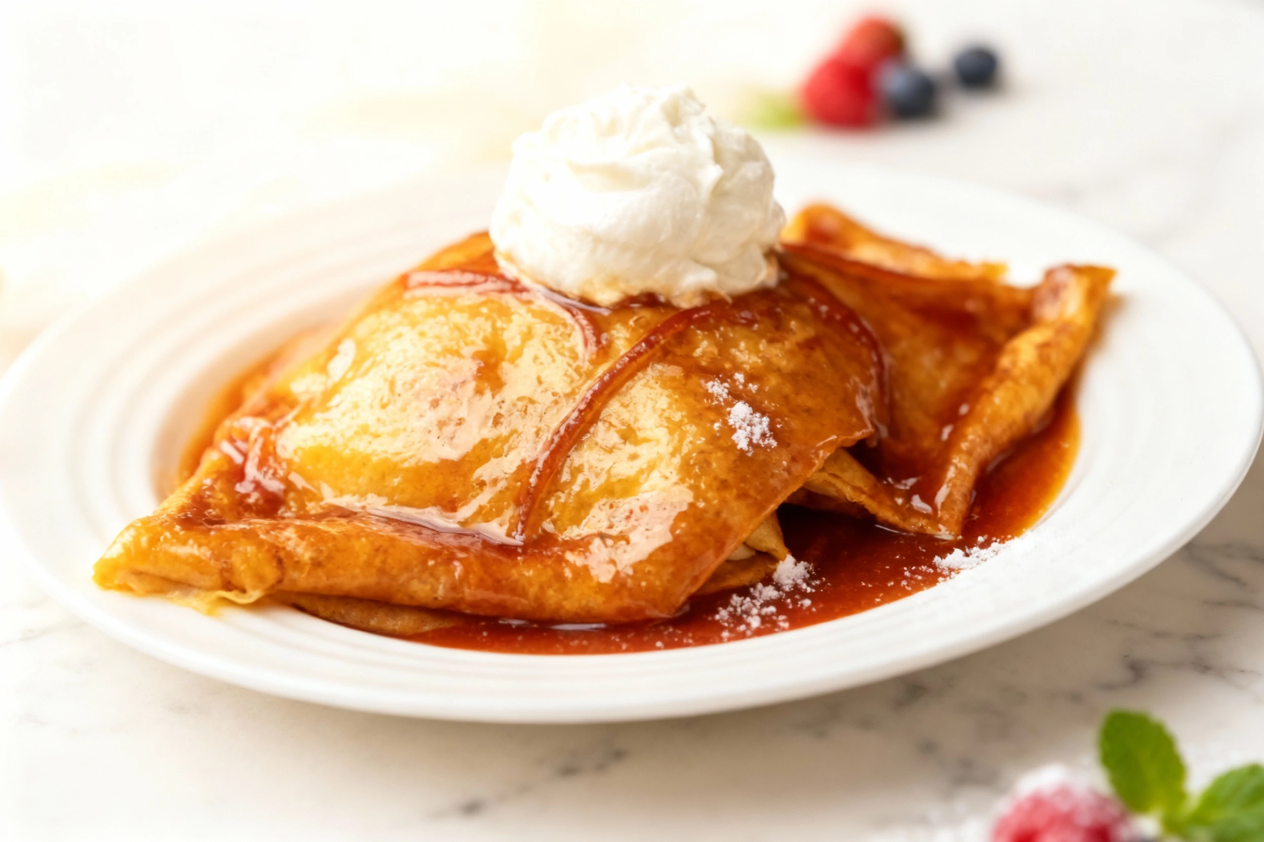 Folded crepes drenched in a glossy, dark amber caramelized sauce, topped with a generous dollop of whipped cream.