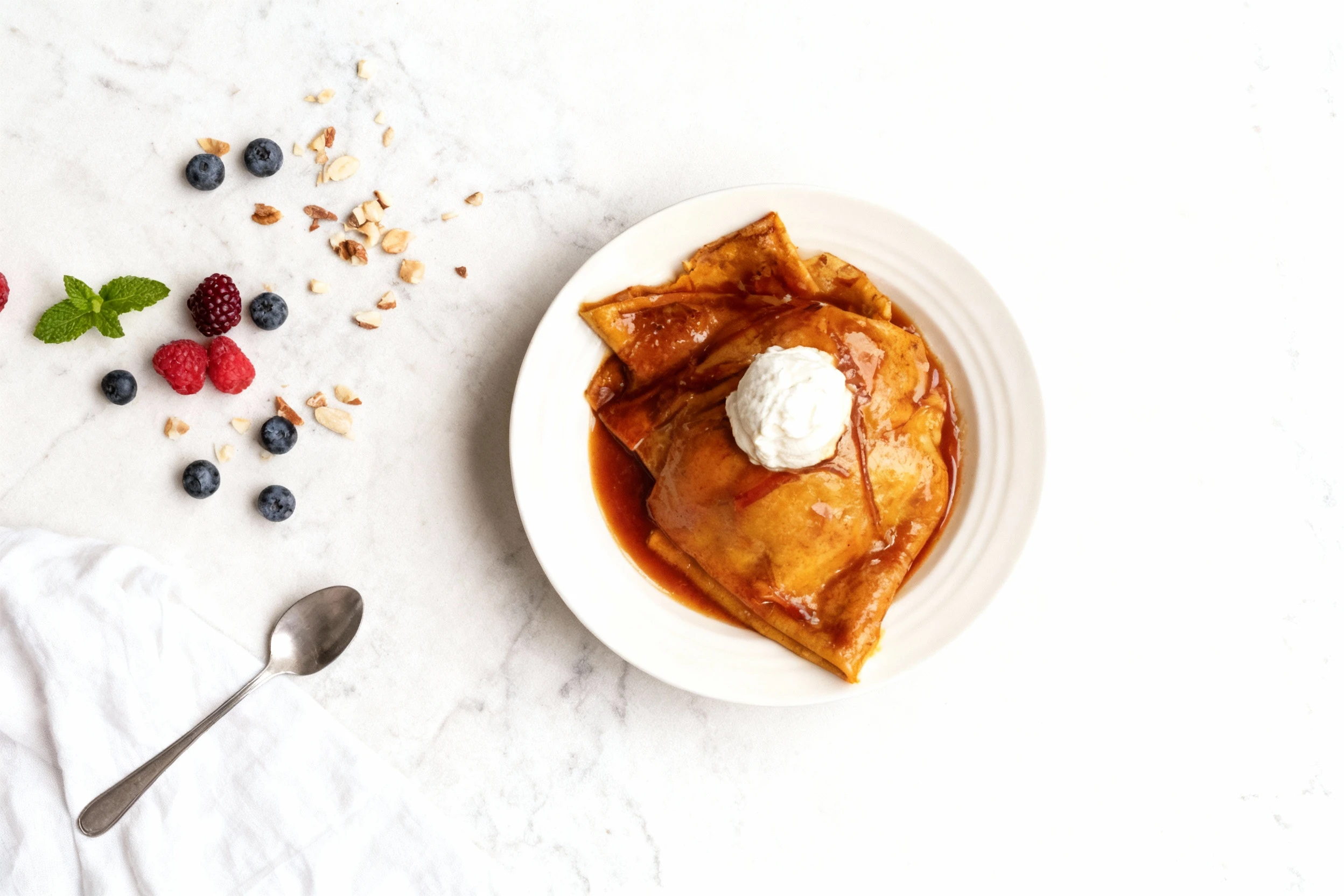 Dessert consisting of folded crepes covered in a glossy, rich caramel or syrup sauce, topped with a dollop of white whipped cream or ice cream.