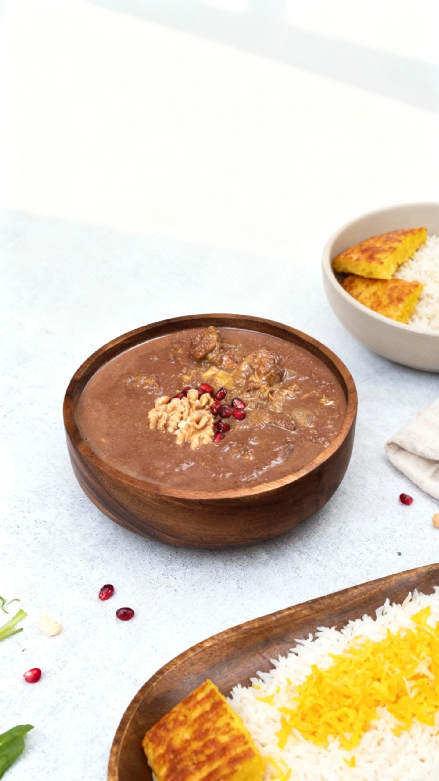 A serving of Persian Fesenjān stew featuring meat chunks in a thick, dark brown pomegranate and walnut sauce, garnished with fresh walnuts and pomegranate seeds