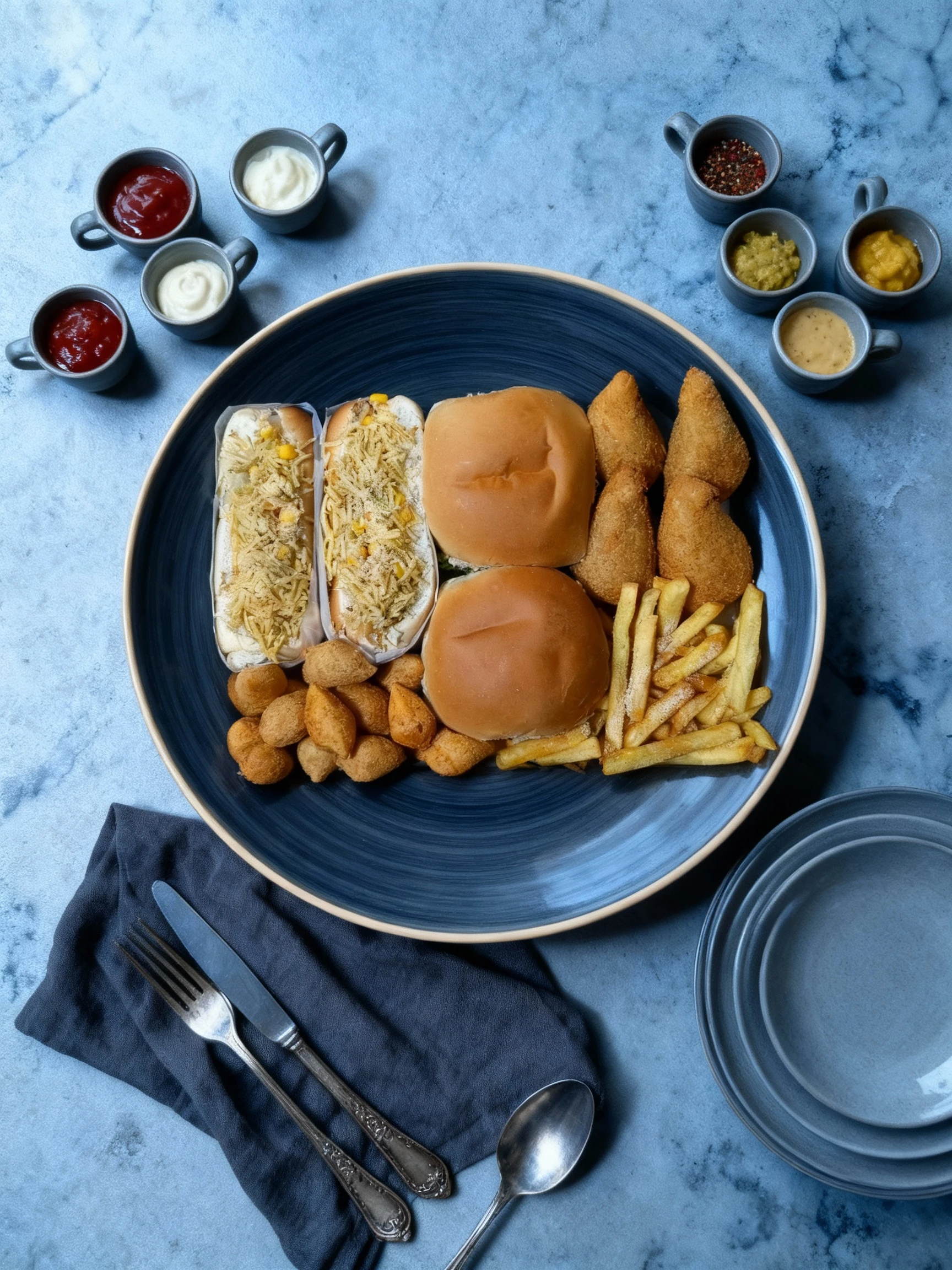 This is a mixed snack box featuring two hot dogs generously topped with straw fries and corn kernels, two plain round buns, a portion of seasoned french fries,