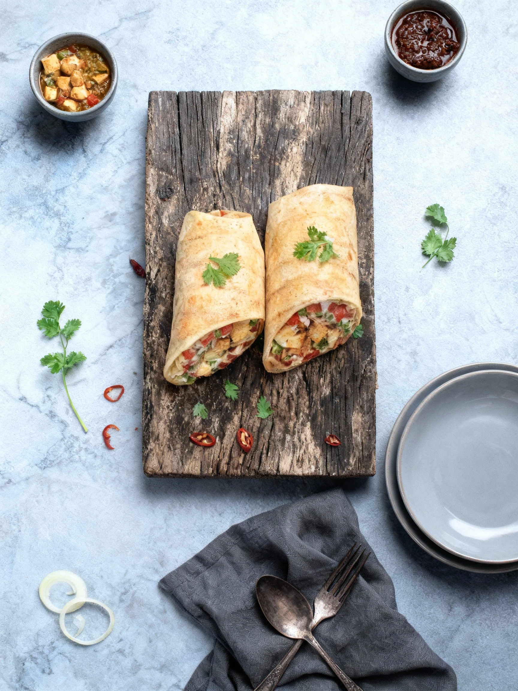 Two grilled wraps filled with paneer cubes, chopped tomatoes, peppers, and creamy white sauce, served on a rustic wooden board with baby corn and scallions.