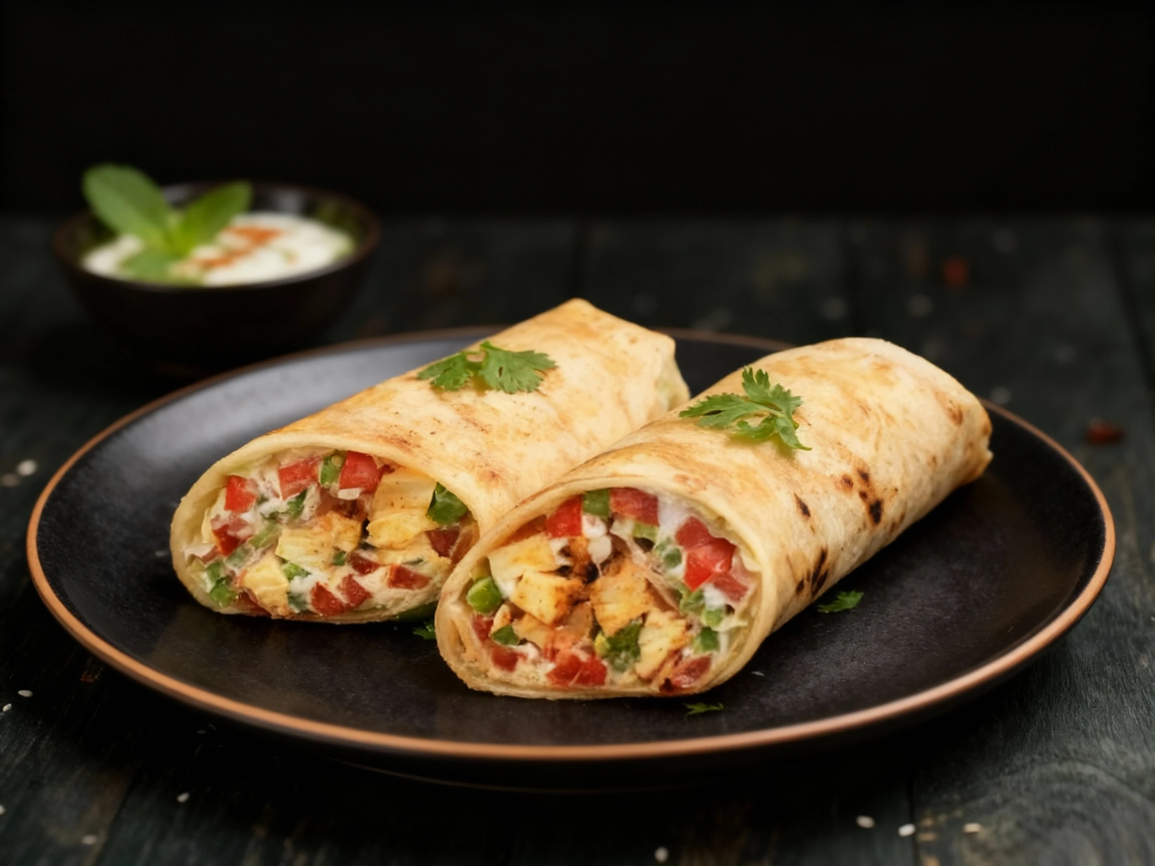Two toasted wraps filled with grilled paneer or chicken, diced tomatoes, green peppers, and a creamy white sauce garnish with cilantro.