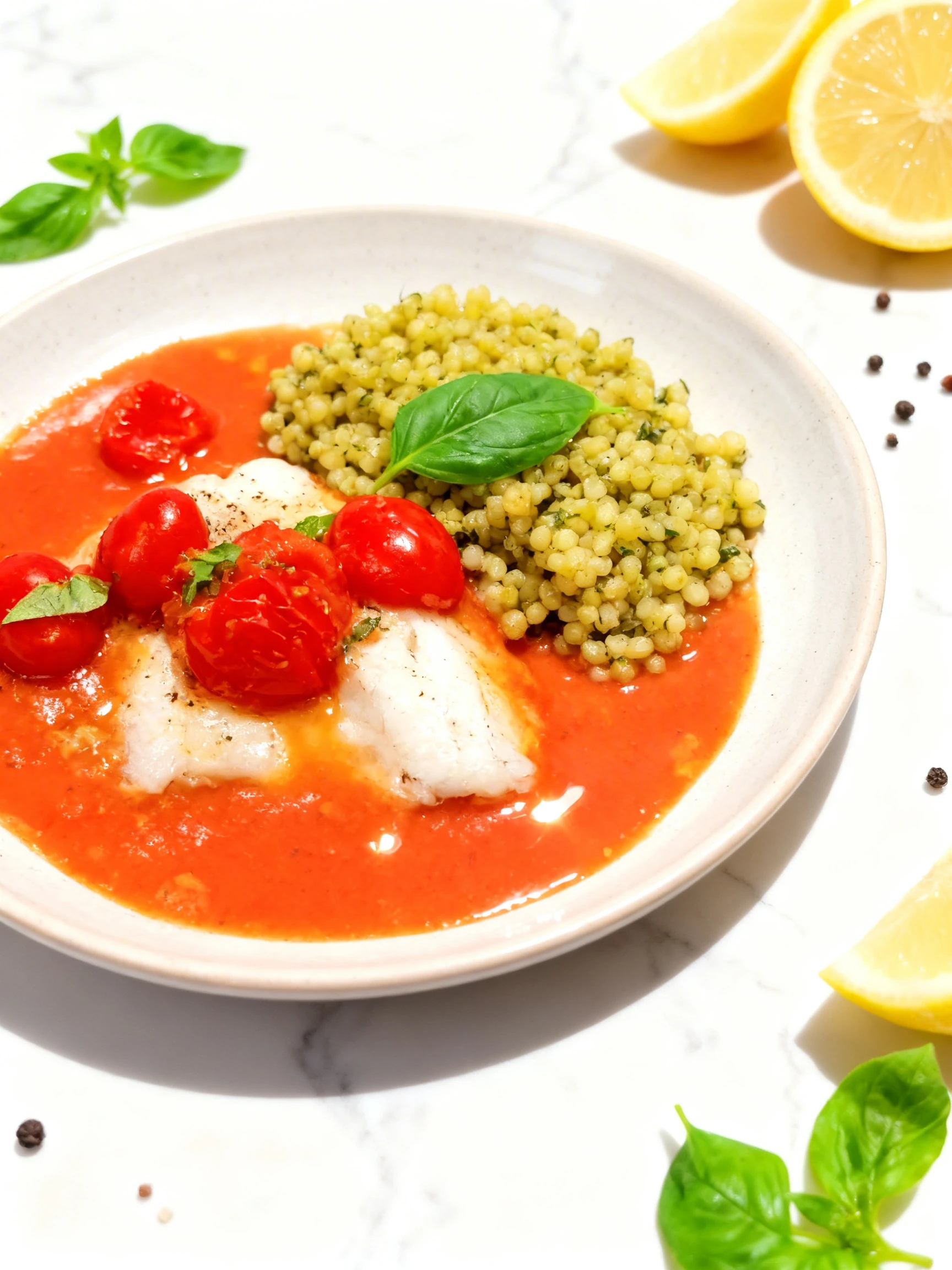 Multiple meal prep containers featuring poached white fish topped with tomato sauce and cherry tomatoes, served alongside a portion of herbed pearl couscous gar