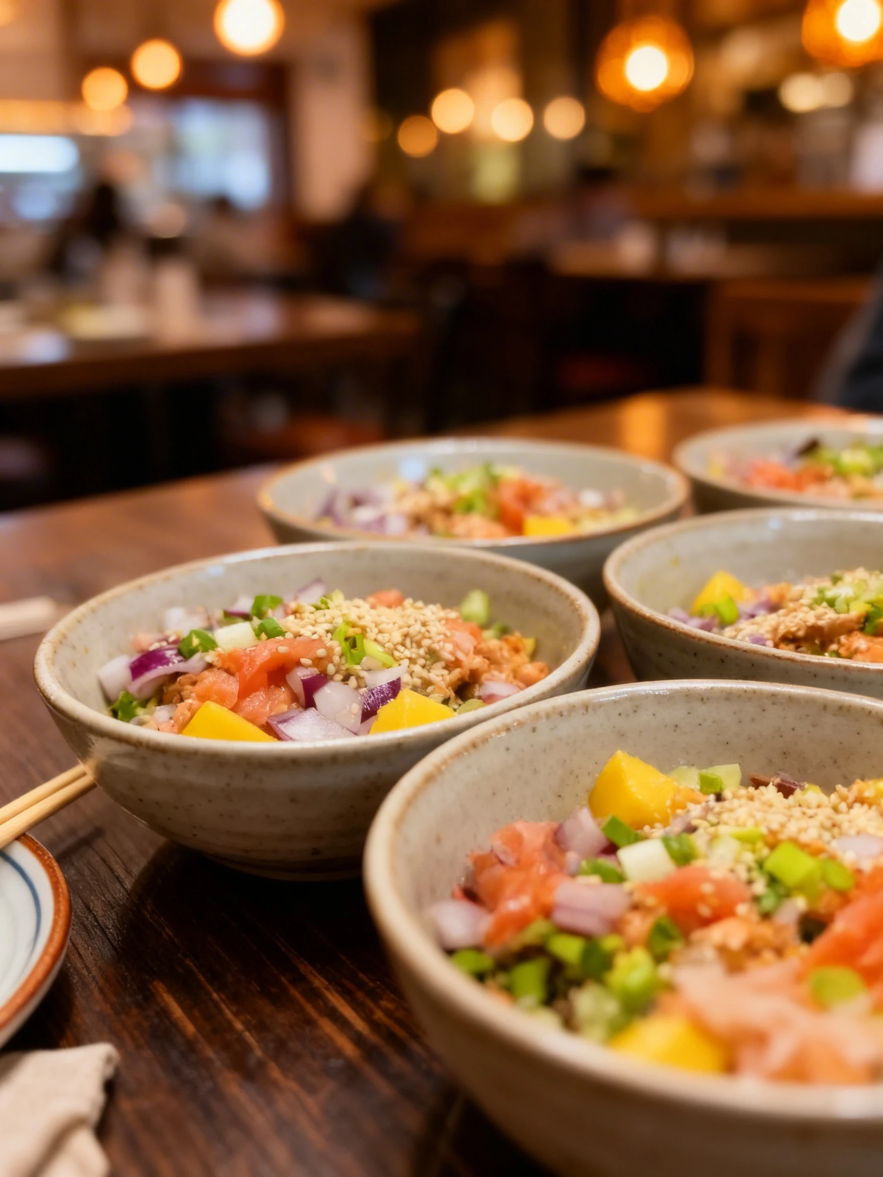 Several individual salmon poke bowls topped with diced red onion, scallions, sesame seeds, pickled ginger, and mango cubes.