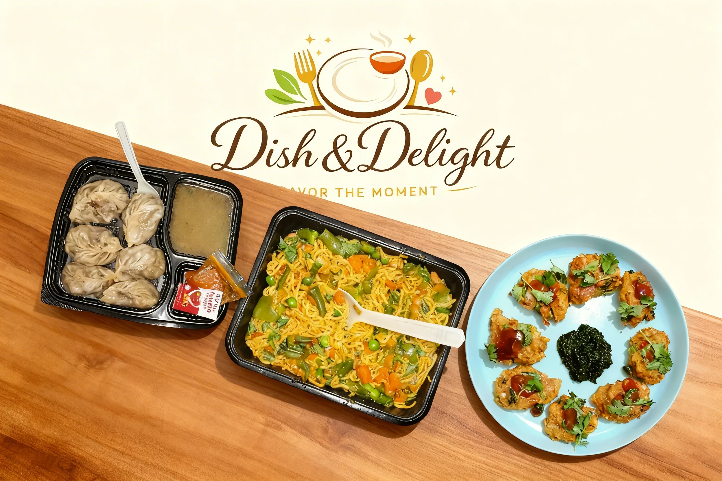 Vegetable stir-fried noodles with green beans and peas, steamed meat momos served with dipping sauces, and fried fritters topped with cilantro and chili sauce.