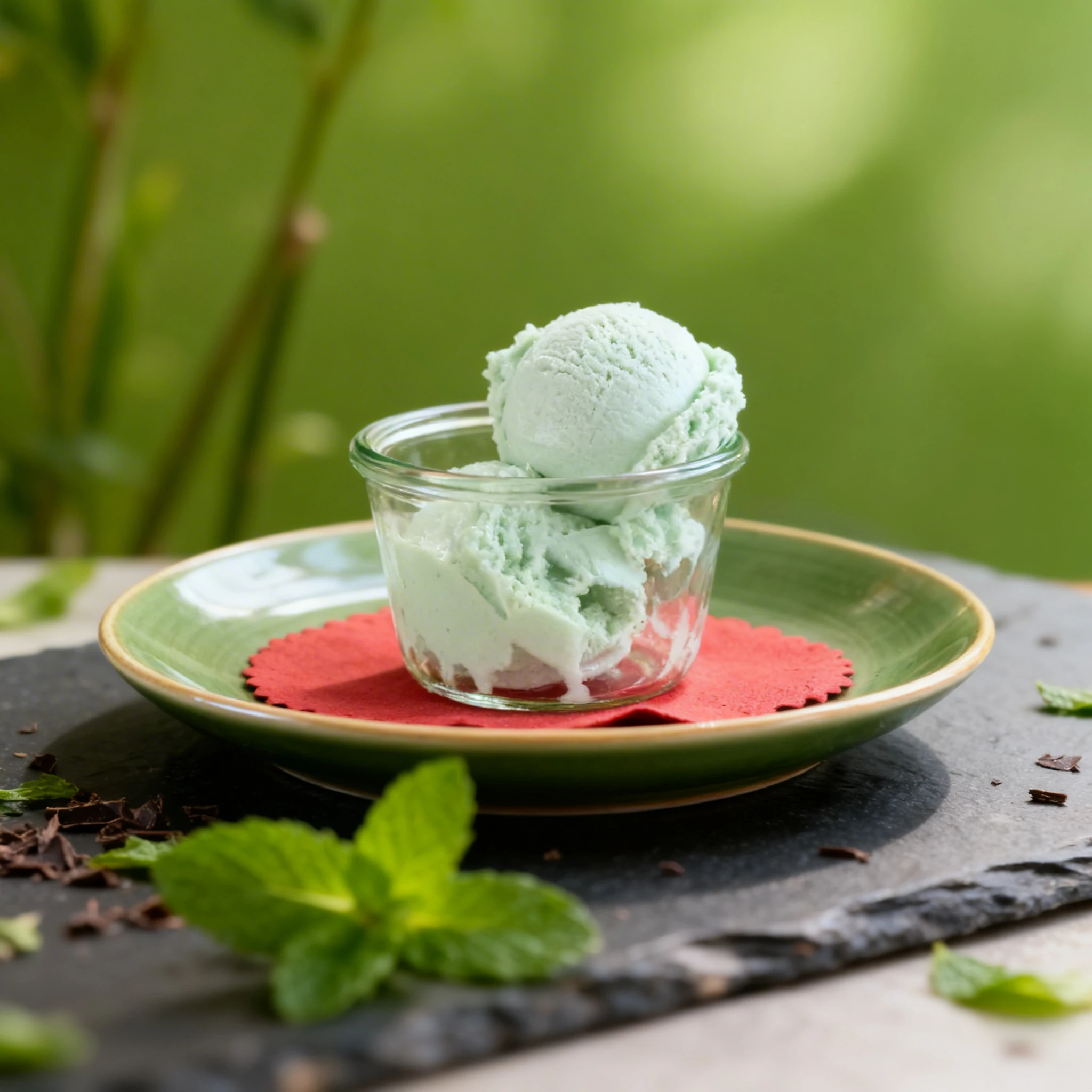 Two scoops of pale mint-green gelato served in a glass jar with a metal spoon, placed on a red doily inside a ceramic bowl.