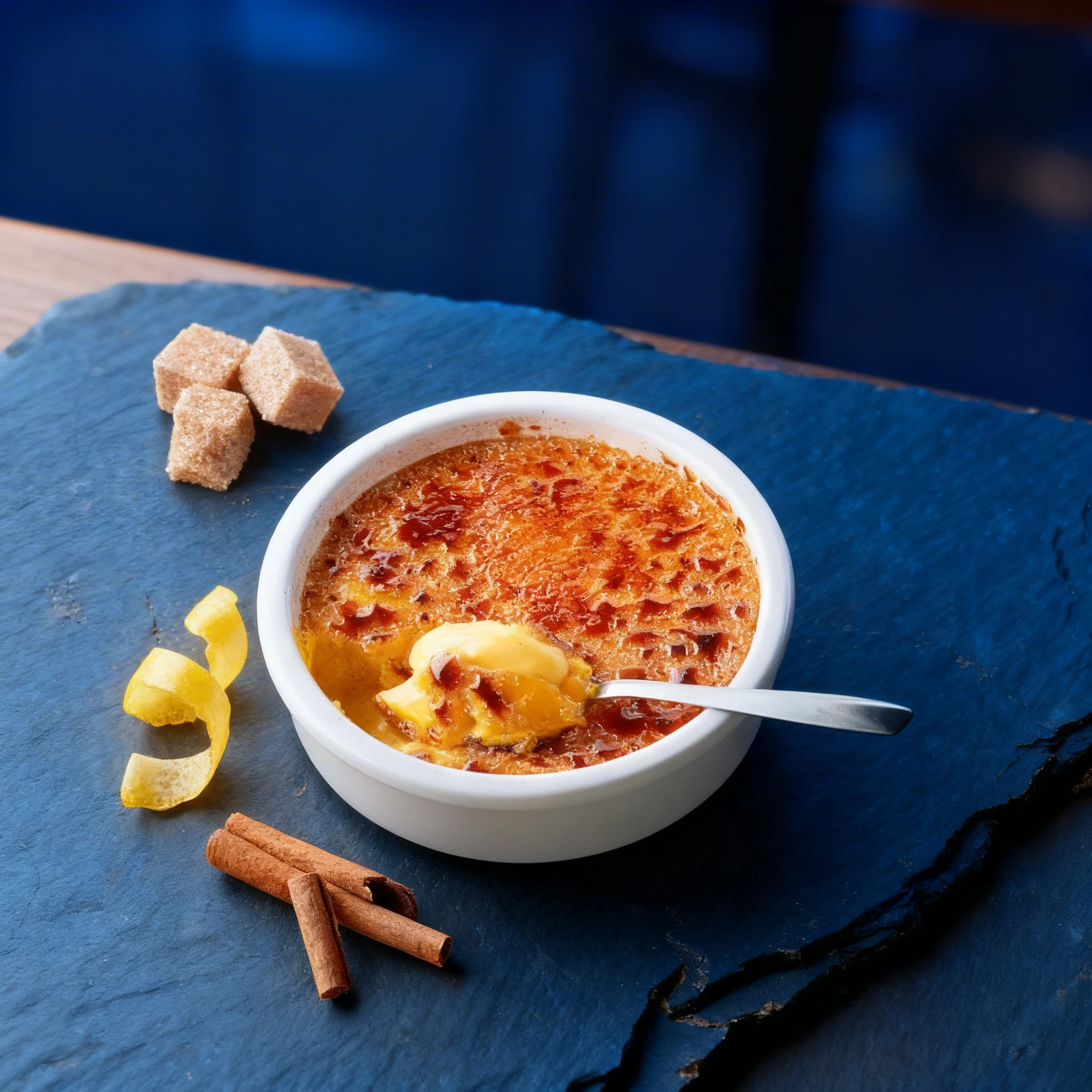Crème brûlée in a white ceramic ramekin featuring a caramelized sugar crust and creamy custard interior, accompanied by sugar cubes, cinnamon sticks, and a lemo