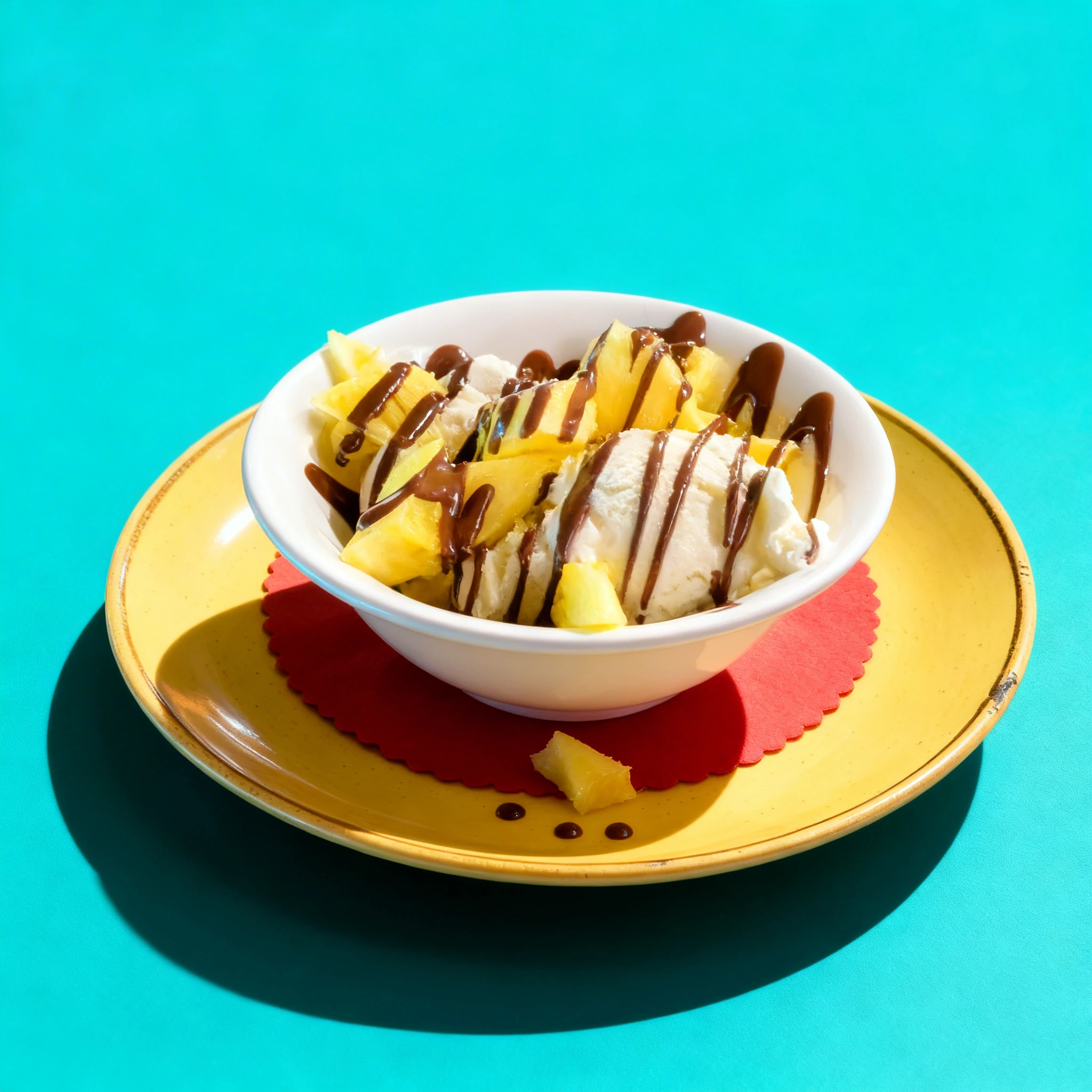 A bowl of sliced pineapple and a scoop of vanilla ice cream drizzled with chocolate sauce, served on a yellow plate with a red paper doily.