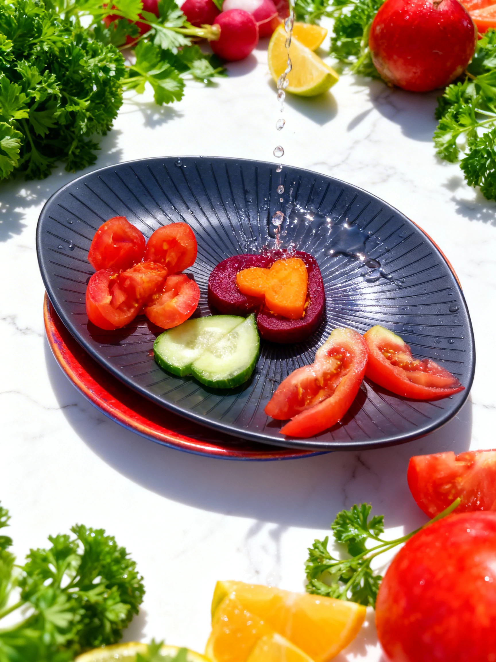 A platter of sliced fresh vegetables including tomato wedges, a heart-shaped cucumber slice, and a heart-shaped carrot slice nested in a beetroot ring.
