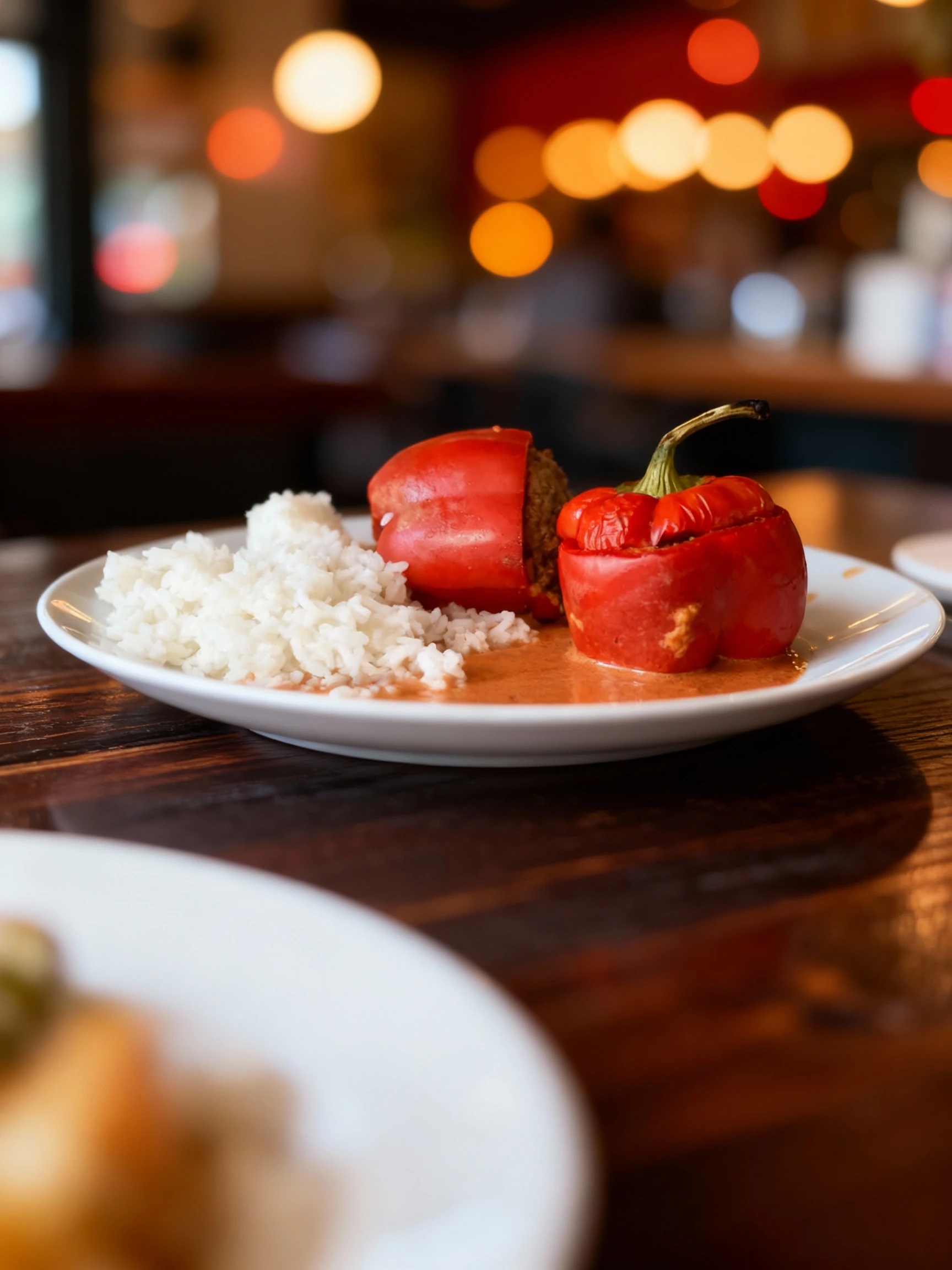 Two red bell peppers, one whole and one halved, stuffed with a savory ground meat and rice filling, served alongside a large portion of plain white rice and cov