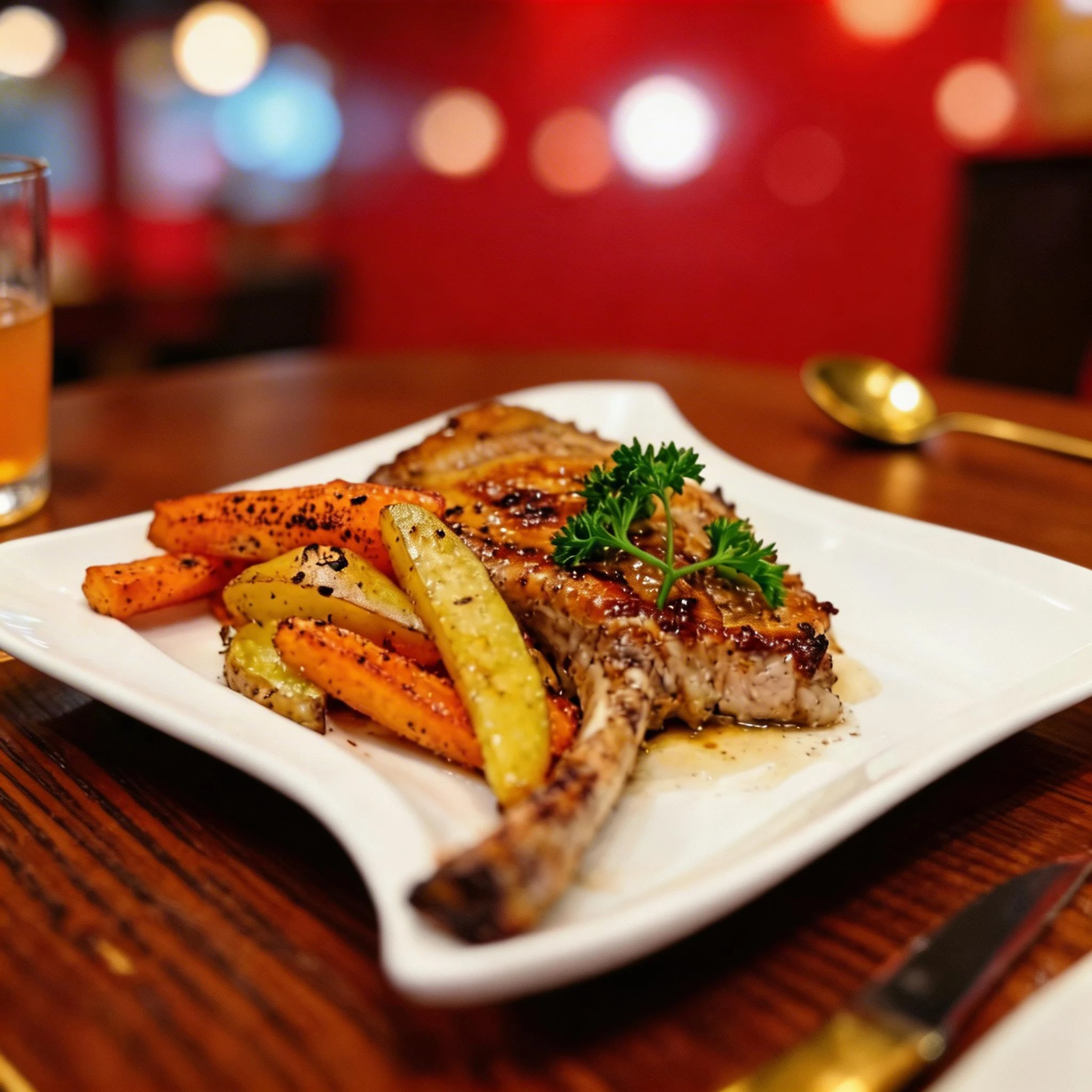 A seared bone-in pork chop topped with a fresh parsley sprig, served alongside roasted potato wedges and seasoned carrots.