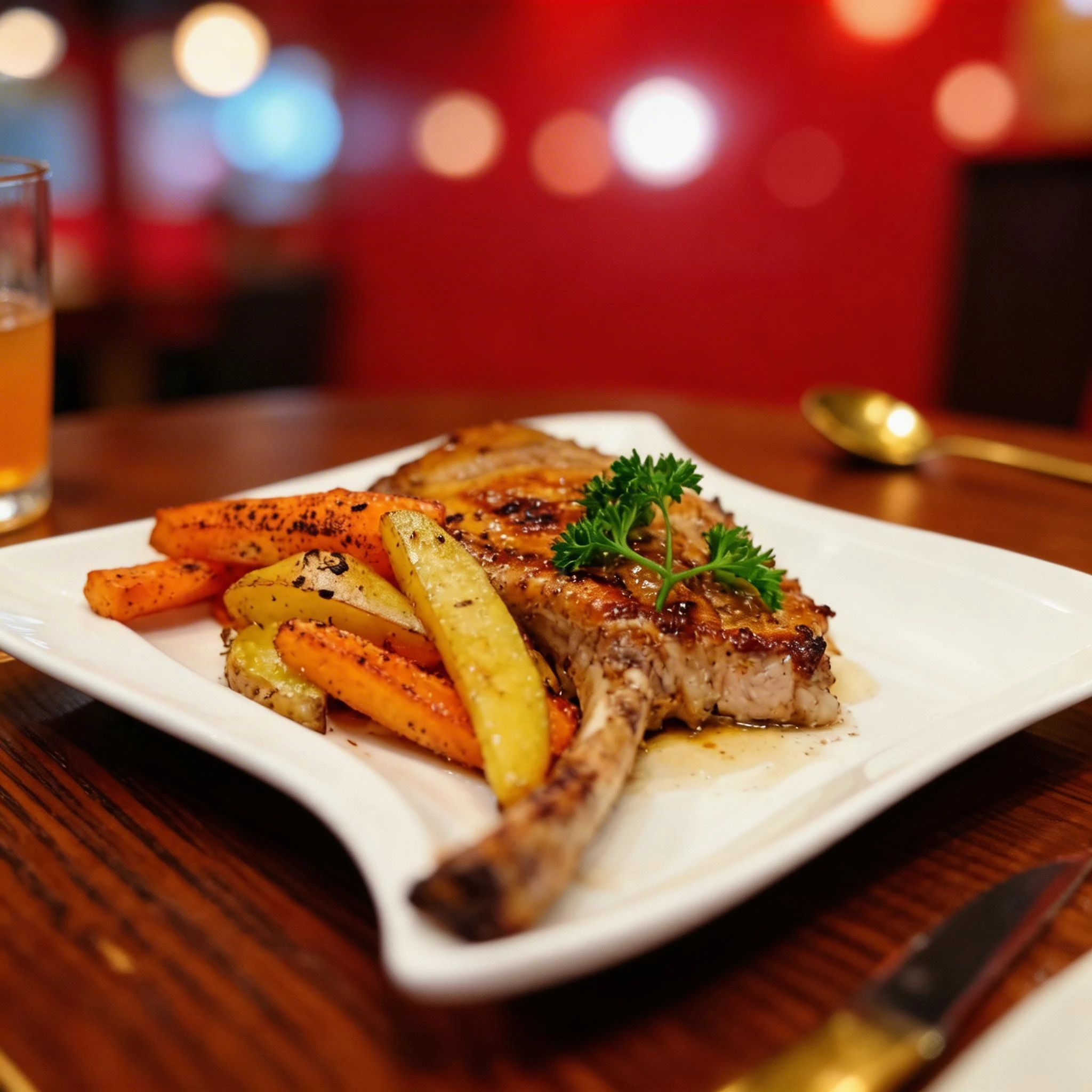 A seared bone-in pork chop topped with a fresh parsley sprig, served alongside roasted potato wedges and seasoned carrots.
