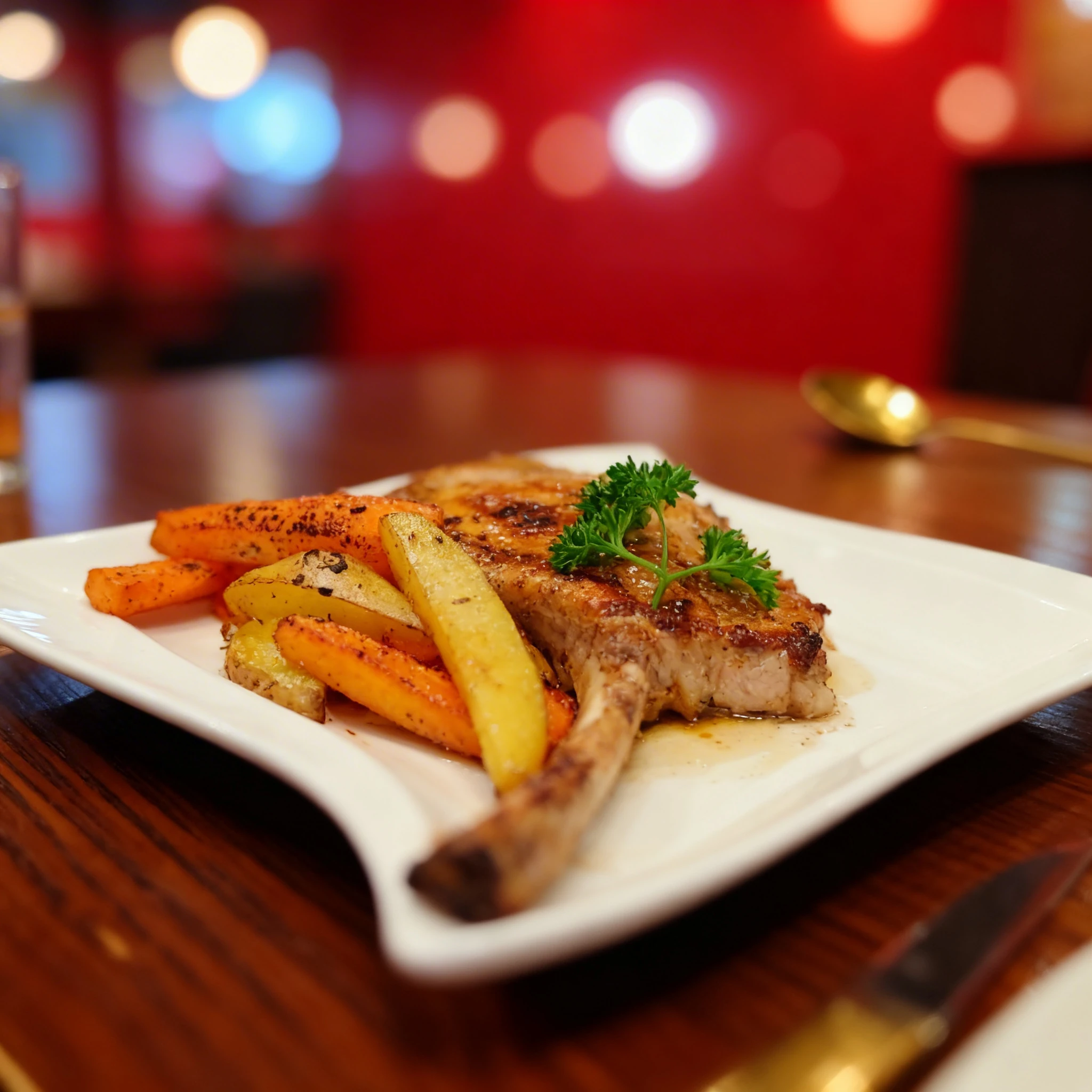 A seared bone-in pork chop topped with a fresh parsley sprig, served alongside roasted potato wedges and seasoned carrots.