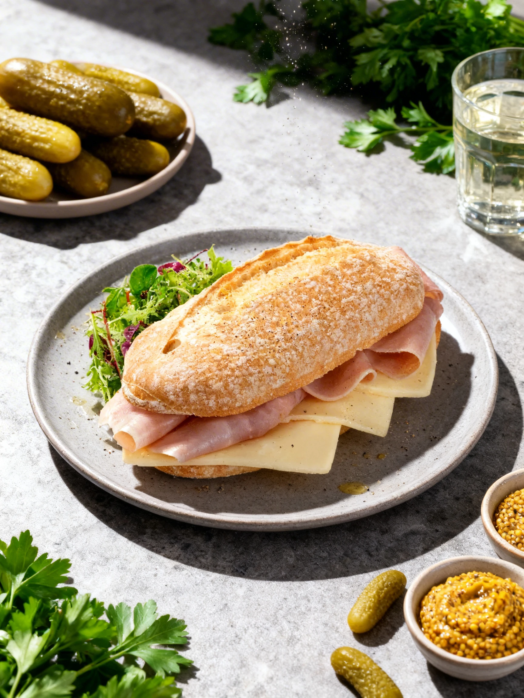 A crusty baguette sandwich filled with sliced ham and rectangular pieces of pale cheese, served with a side of mixed green salad.