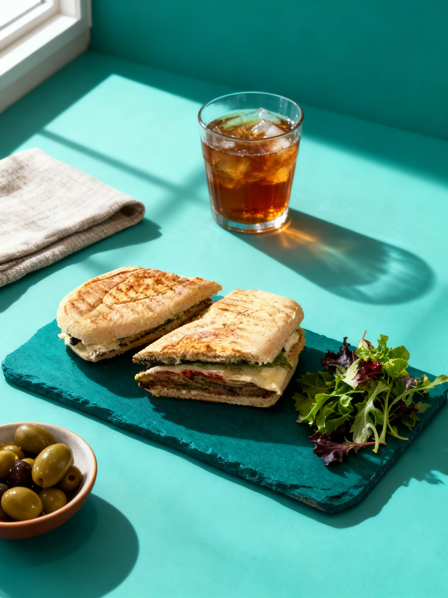 Grilled panini halves filled with melted cheese, tomato, and meat, served with a side of mixed greens.