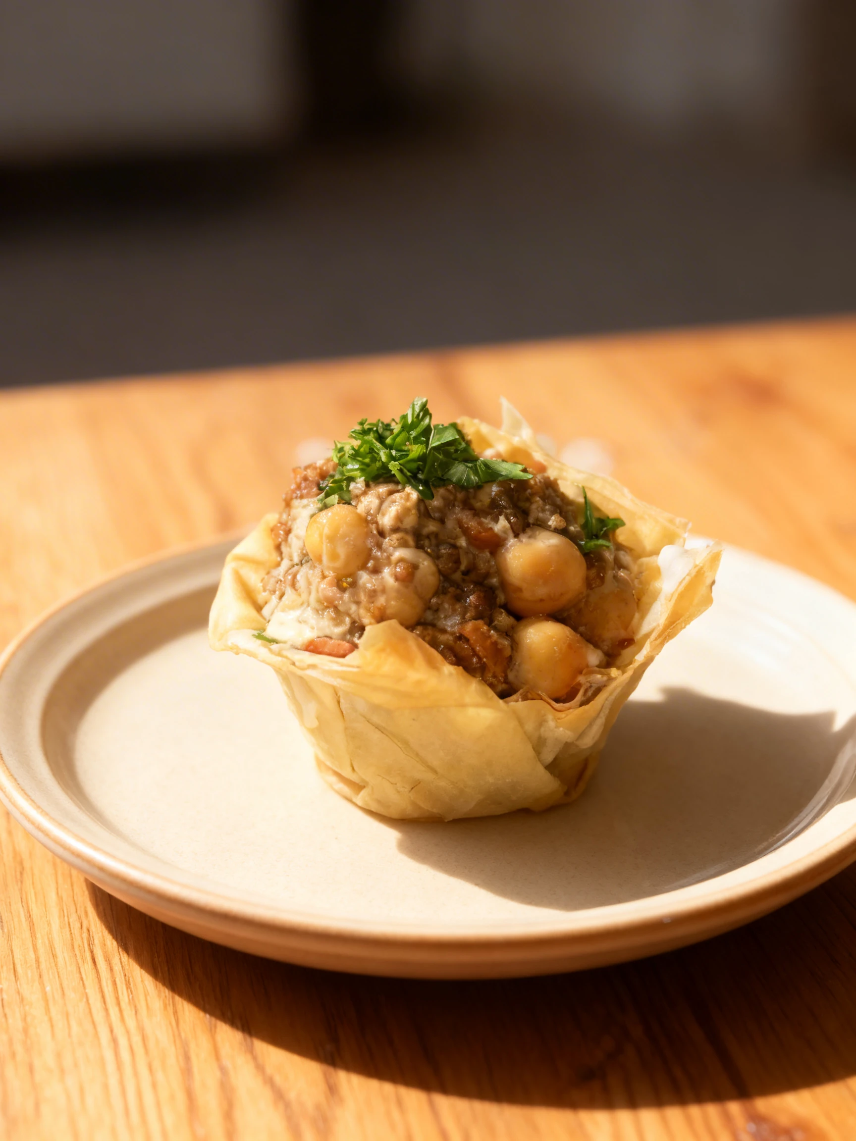 Chickpea and ground meat stew served in a crisp phyllo pastry cup, topped with fresh chopped parsley and surrounded by tahini sauce droplets.