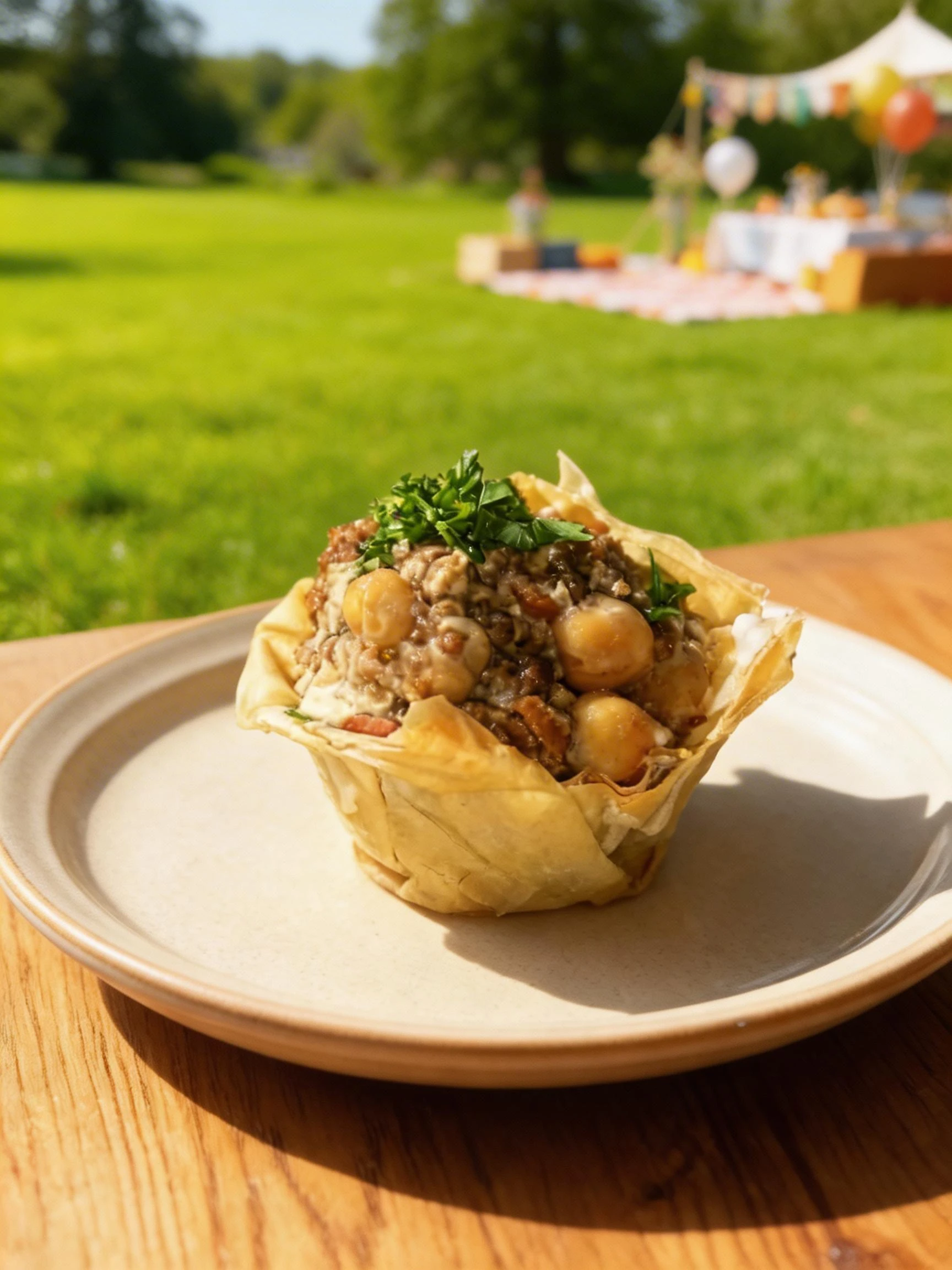 Chickpea and ground meat stew served in a crisp phyllo pastry cup, topped with fresh chopped parsley and surrounded by tahini sauce droplets.