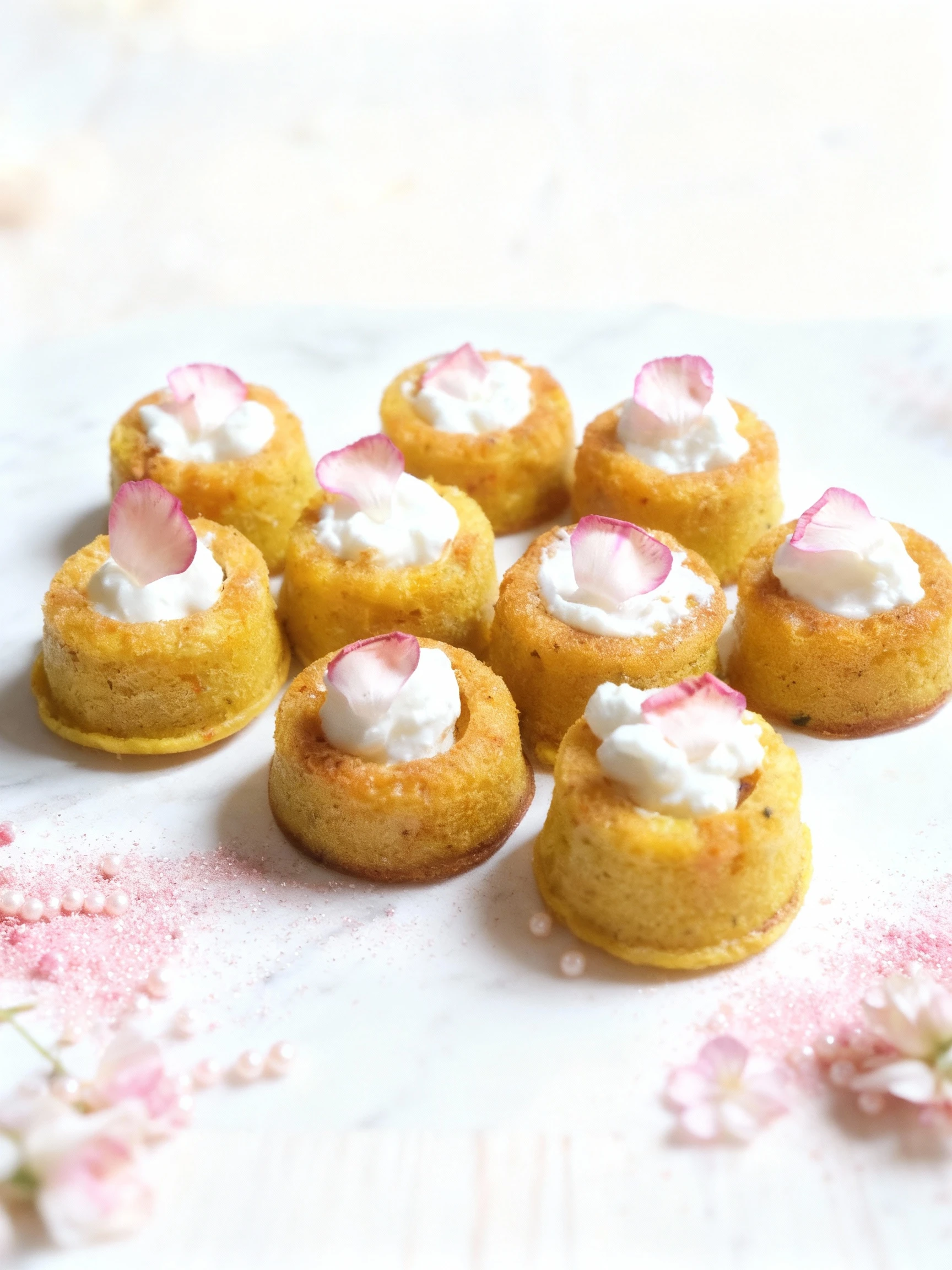 A close-up of several small, golden cylindrical mini cakes or muffins, each topped with a dollop of white cream and garnished with a delicate pink and white ros