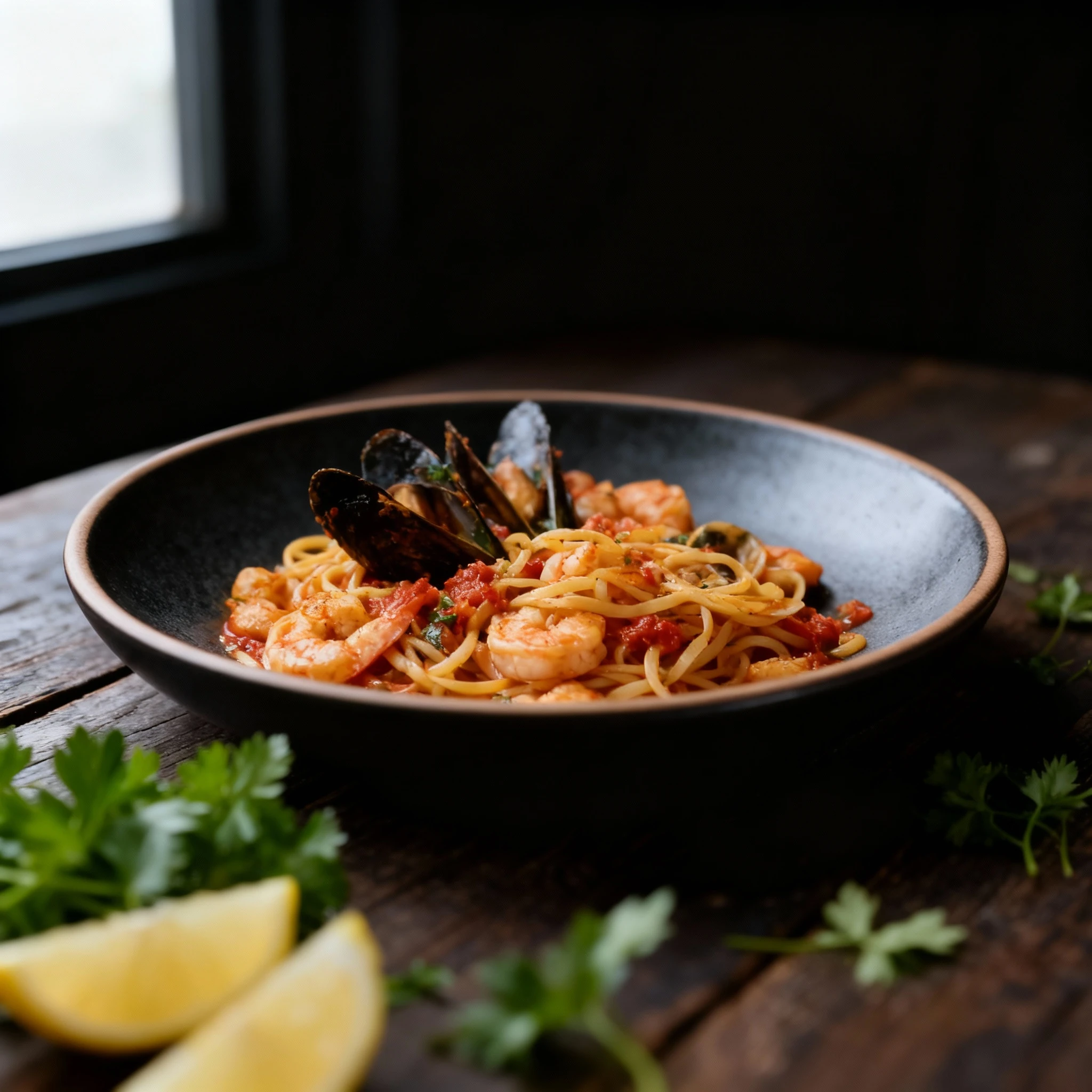 Seafood pasta, likely linguine, tossed in a rich tomato sauce, featuring mussels in the shell, plump shrimp, and clams.