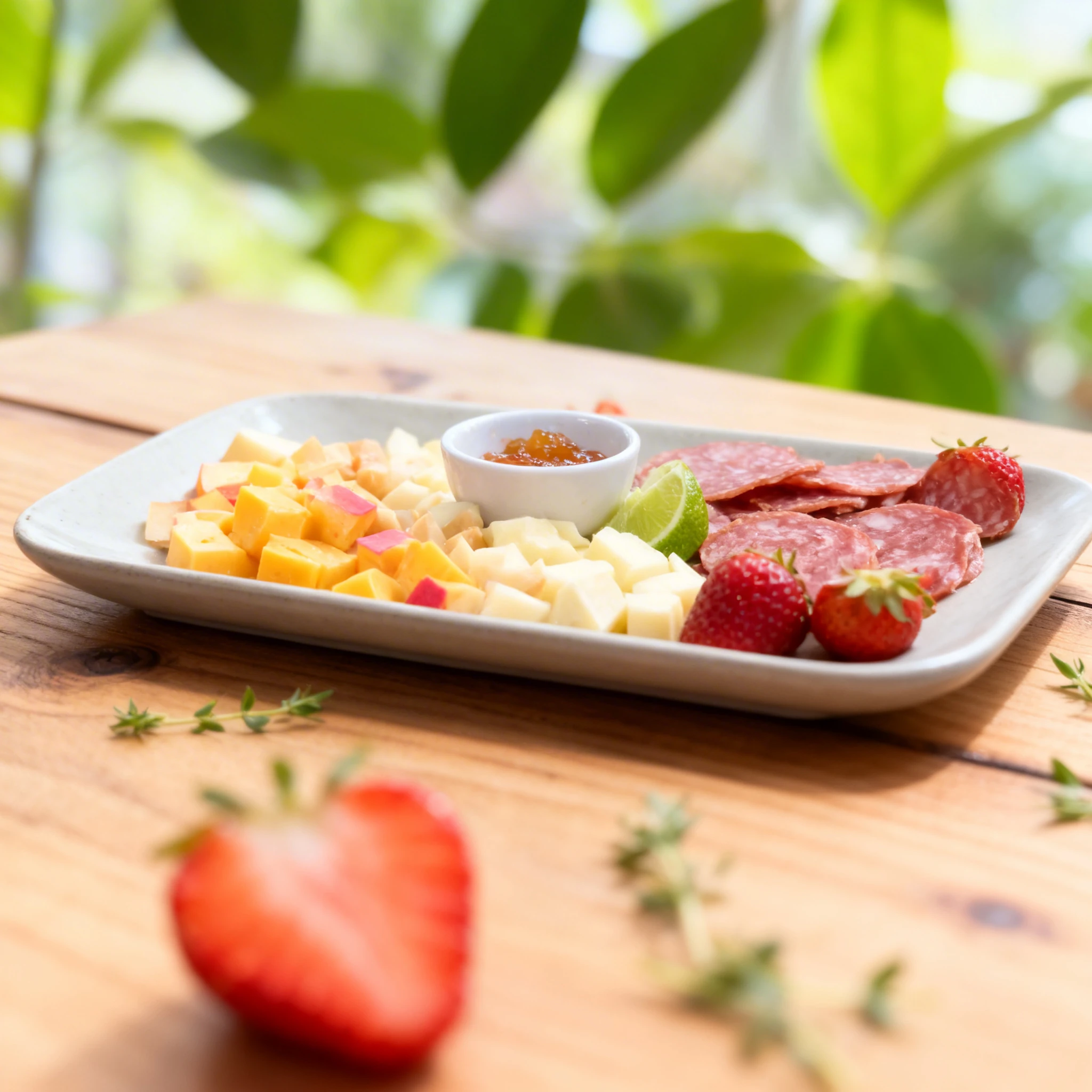 A charcuterie board featuring various cubed cheeses, sliced salami, and lime wedges, served with a central bowl of jam and fresh strawberry halves.