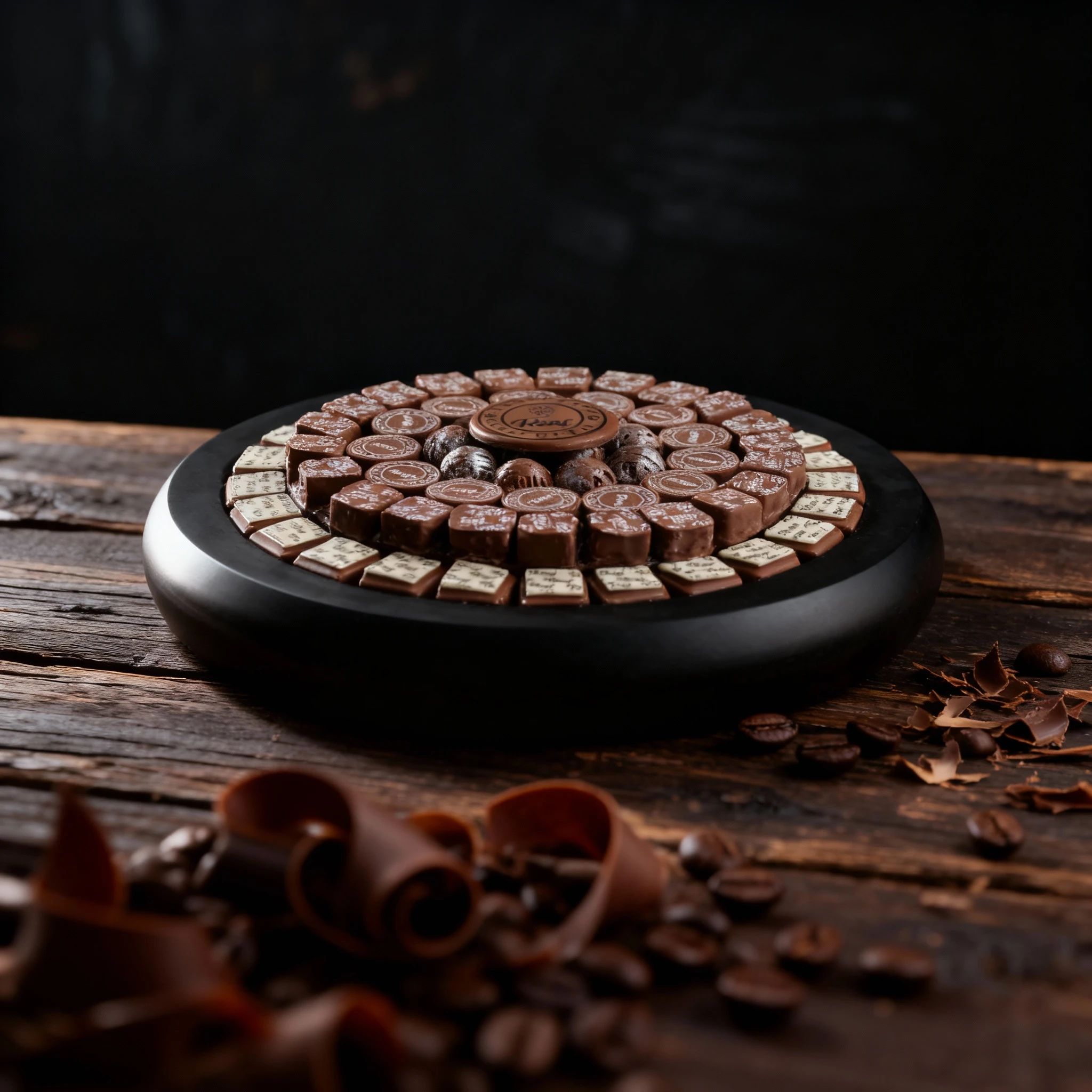 A tiered arrangement of assorted milk chocolates is presented on a large black circular tray. The selection includes square chocolates, round discs, and spheric