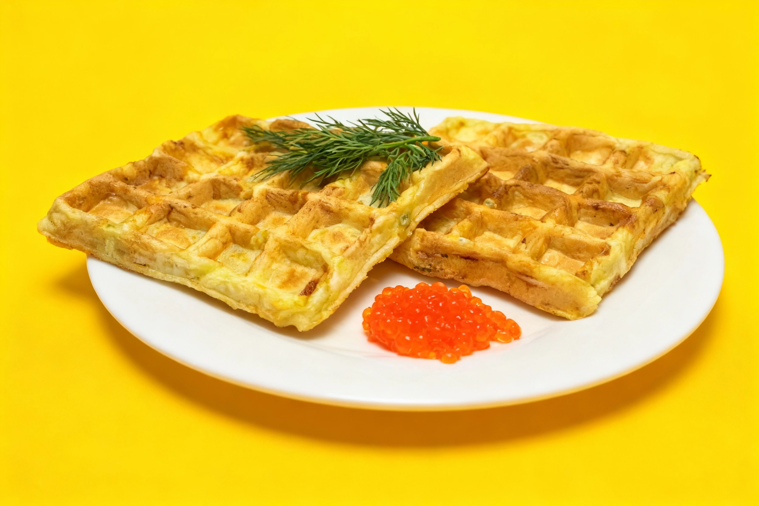 Two savory square waffles, likely made with an egg or cheese batter, are plated with a small mound of bright orange salmon roe (caviar) and garnished with a spr