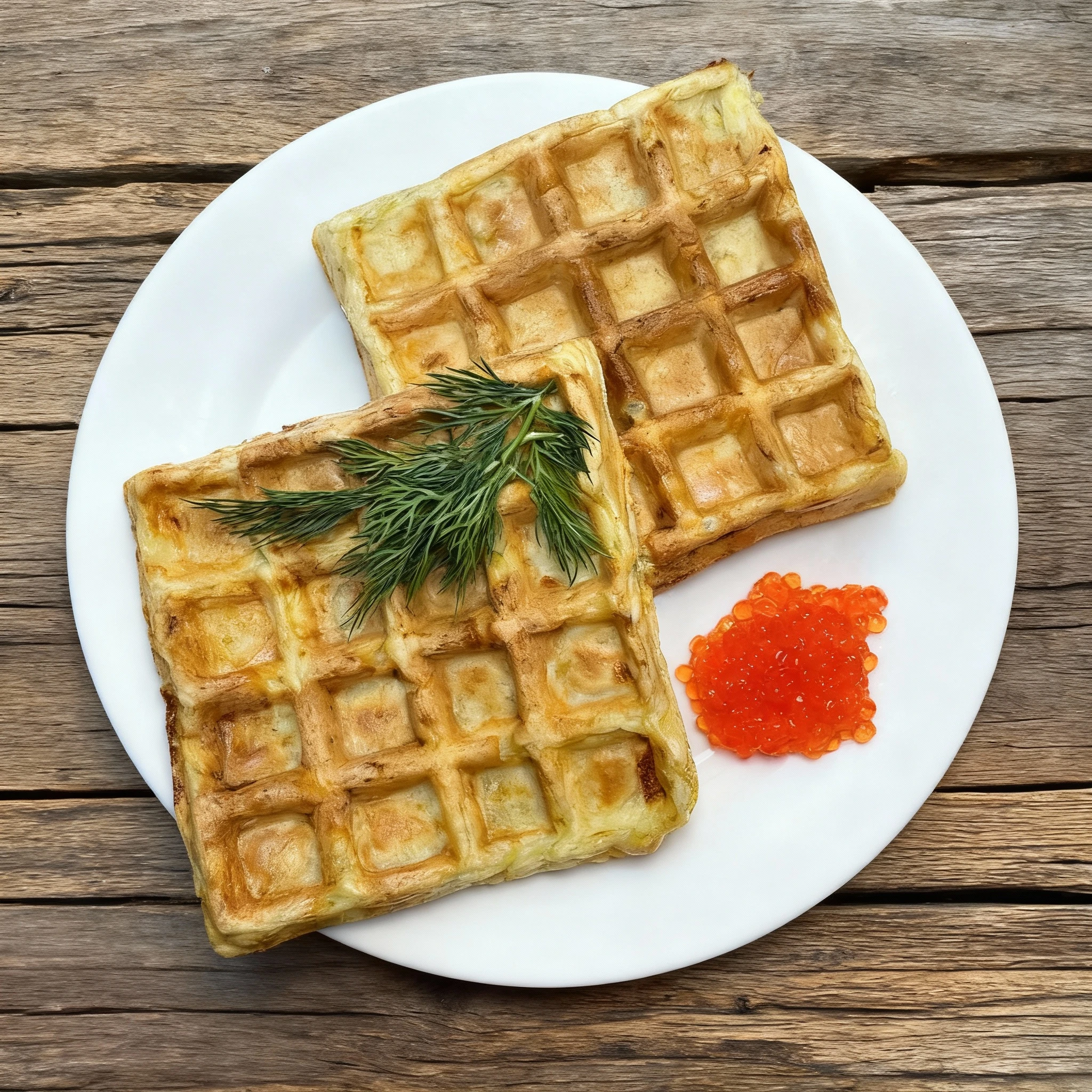 Two golden-brown square savory waffles are served on a white plate, garnished with a sprig of fresh dill and a side portion of red fish roe (caviar).