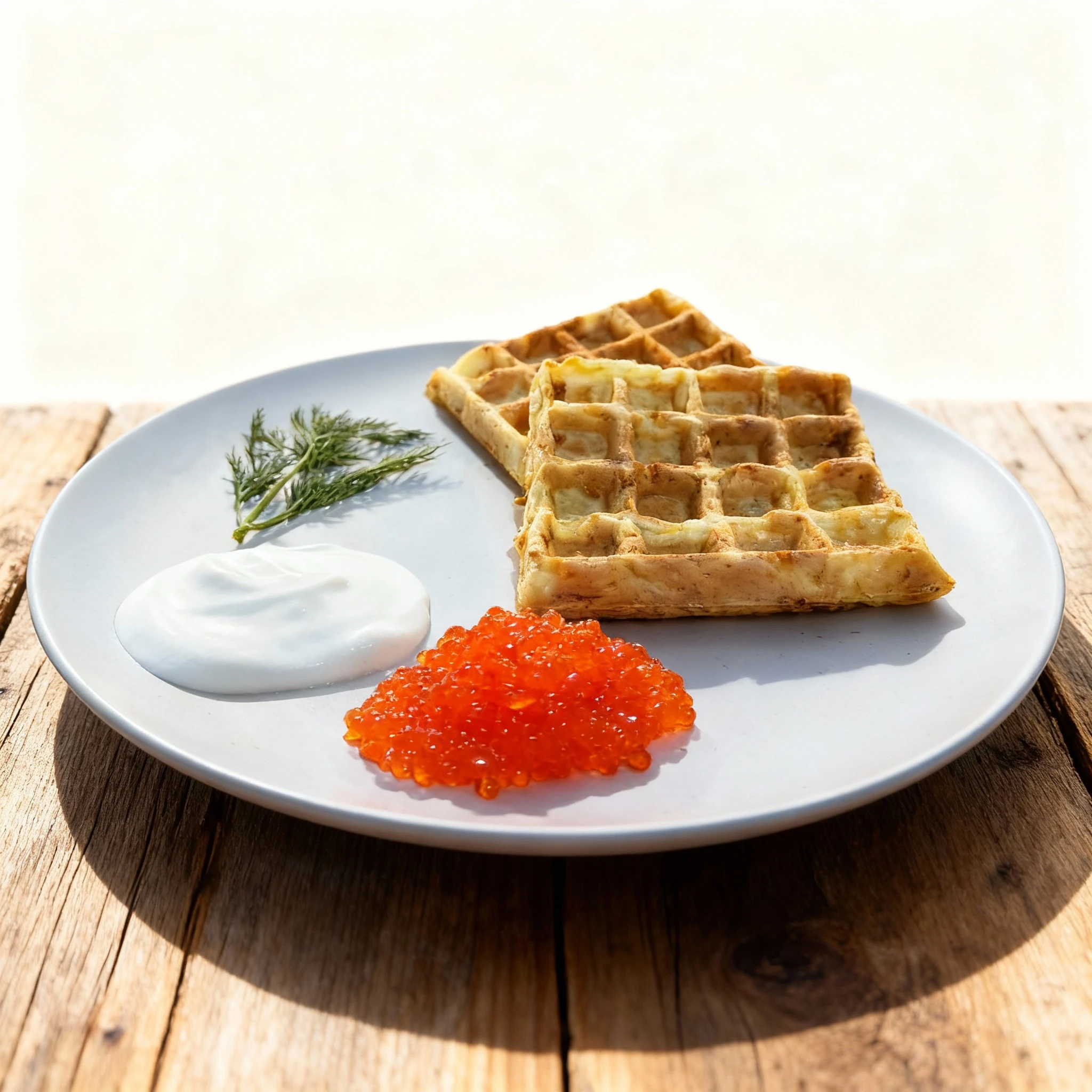 Two savory waffles are plated with a generous serving of bright salmon roe, a dollop of white cream (likely sour cream), and garnished with a sprig of fresh dil