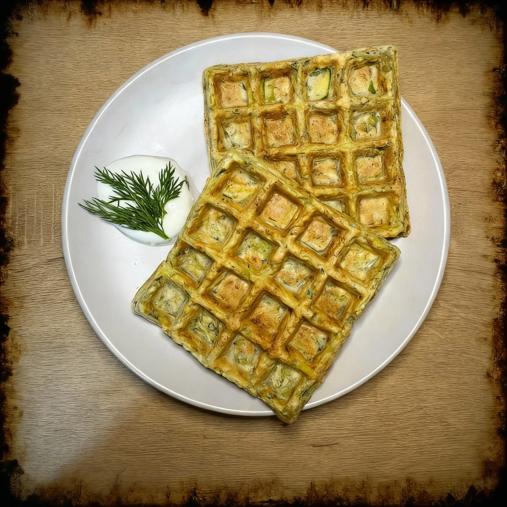 Two savory zucchini waffles served on a white plate with a side of sour cream topped with a fresh dill sprig.