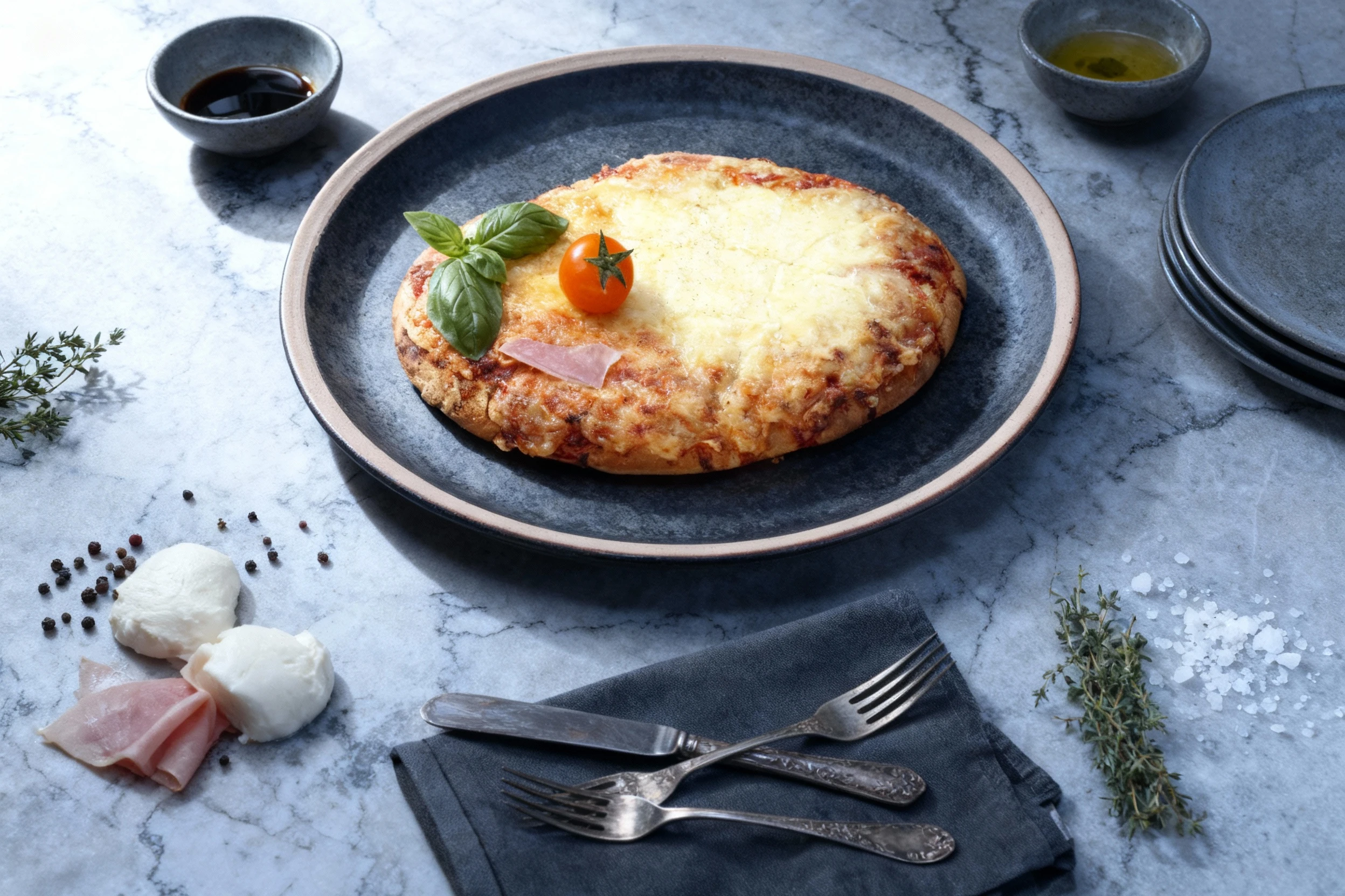 An oval-shaped pizza topped with melted mozzarella and tomato sauce, garnished with a whole cherry tomato, fresh basil leaves, and a side of rolled ham.