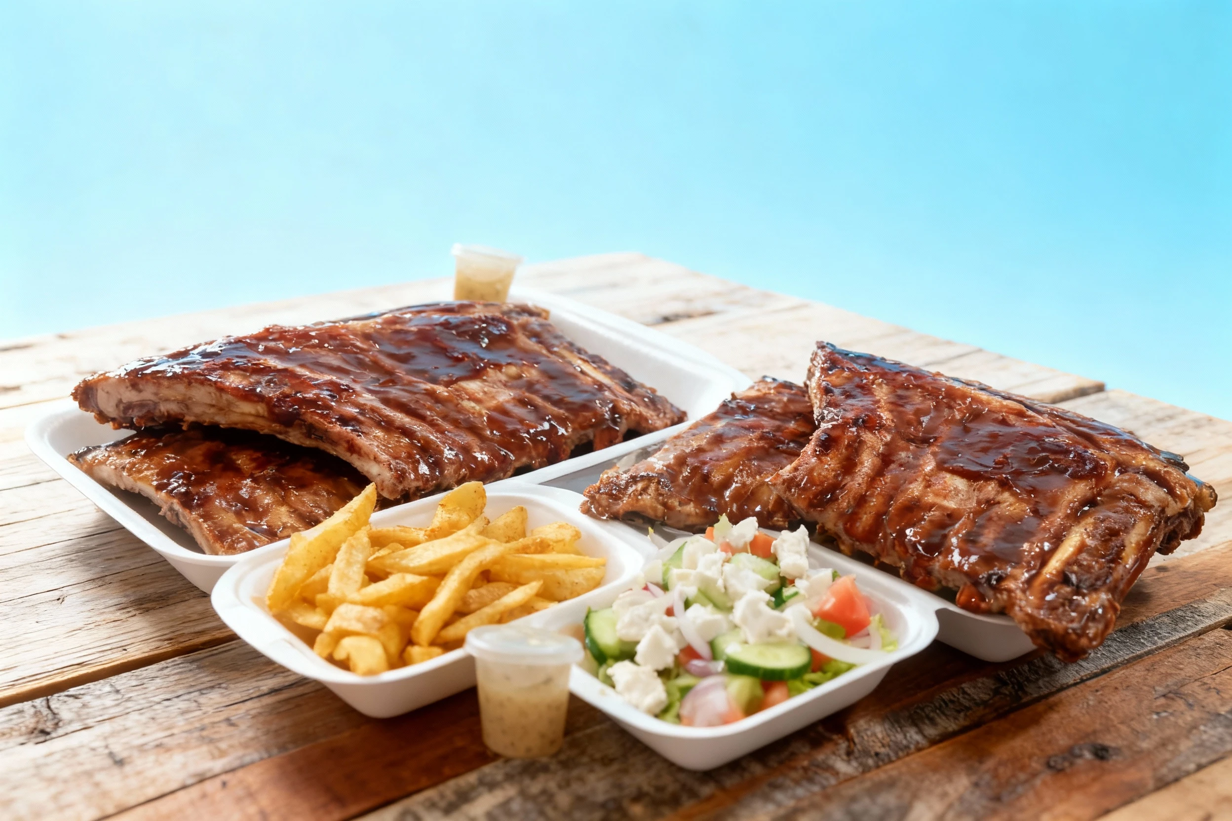 A full meal featuring two large racks of ribs heavily glazed with a rich, brown barbecue sauce, served alongside thick-cut french fries and a fresh salad topped