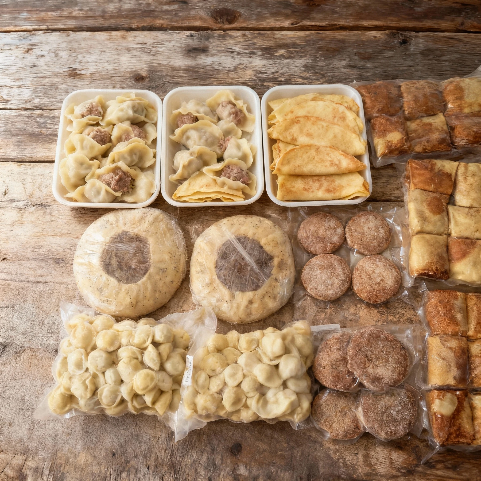 An assortment of frozen and packaged foods including meat-filled pelmeni, folded crepes, breaded cutlets, round pastries, and bottled liquids.