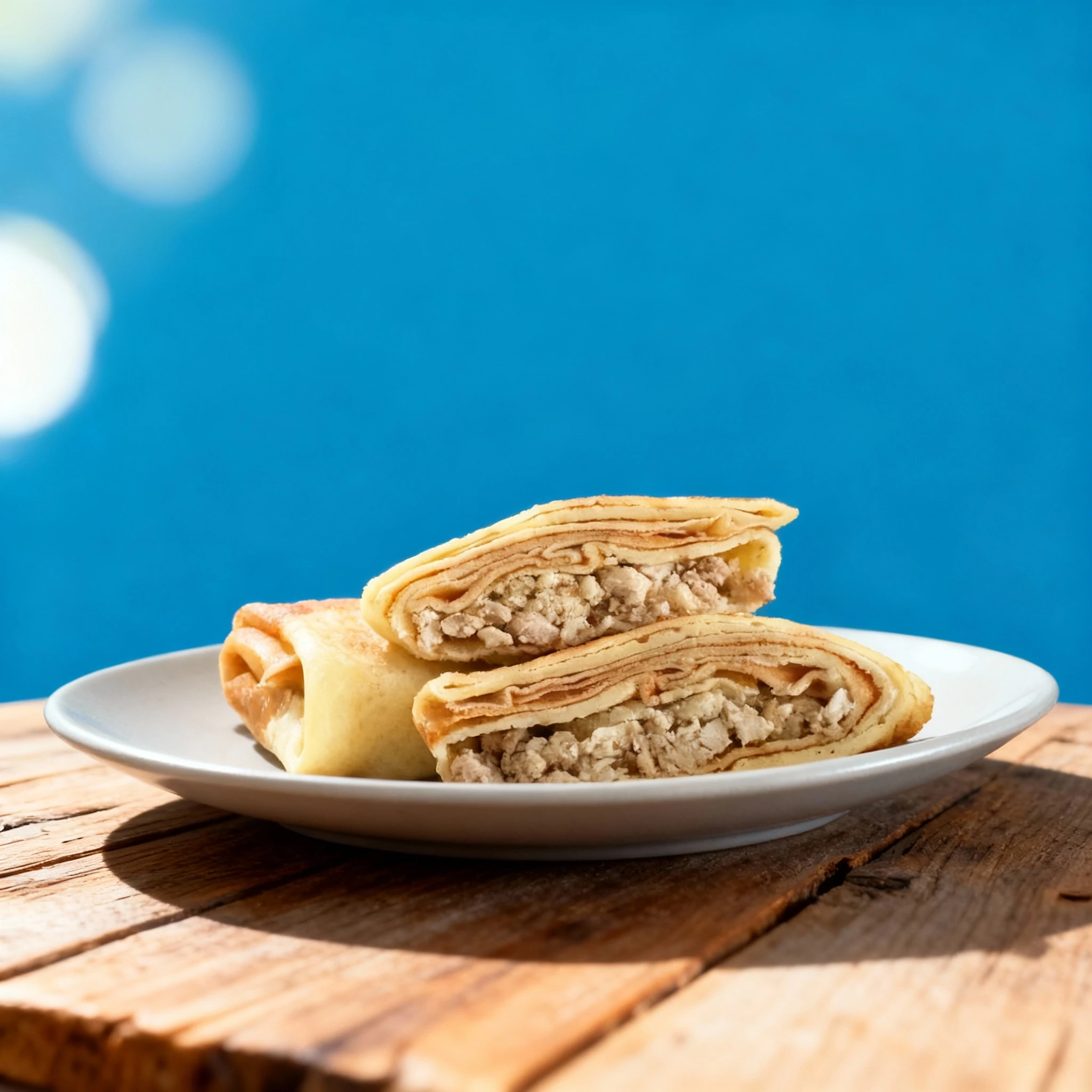 A cross-section of savory crepes filled with a mixture of seasoned ground meat, likely chicken or pork.