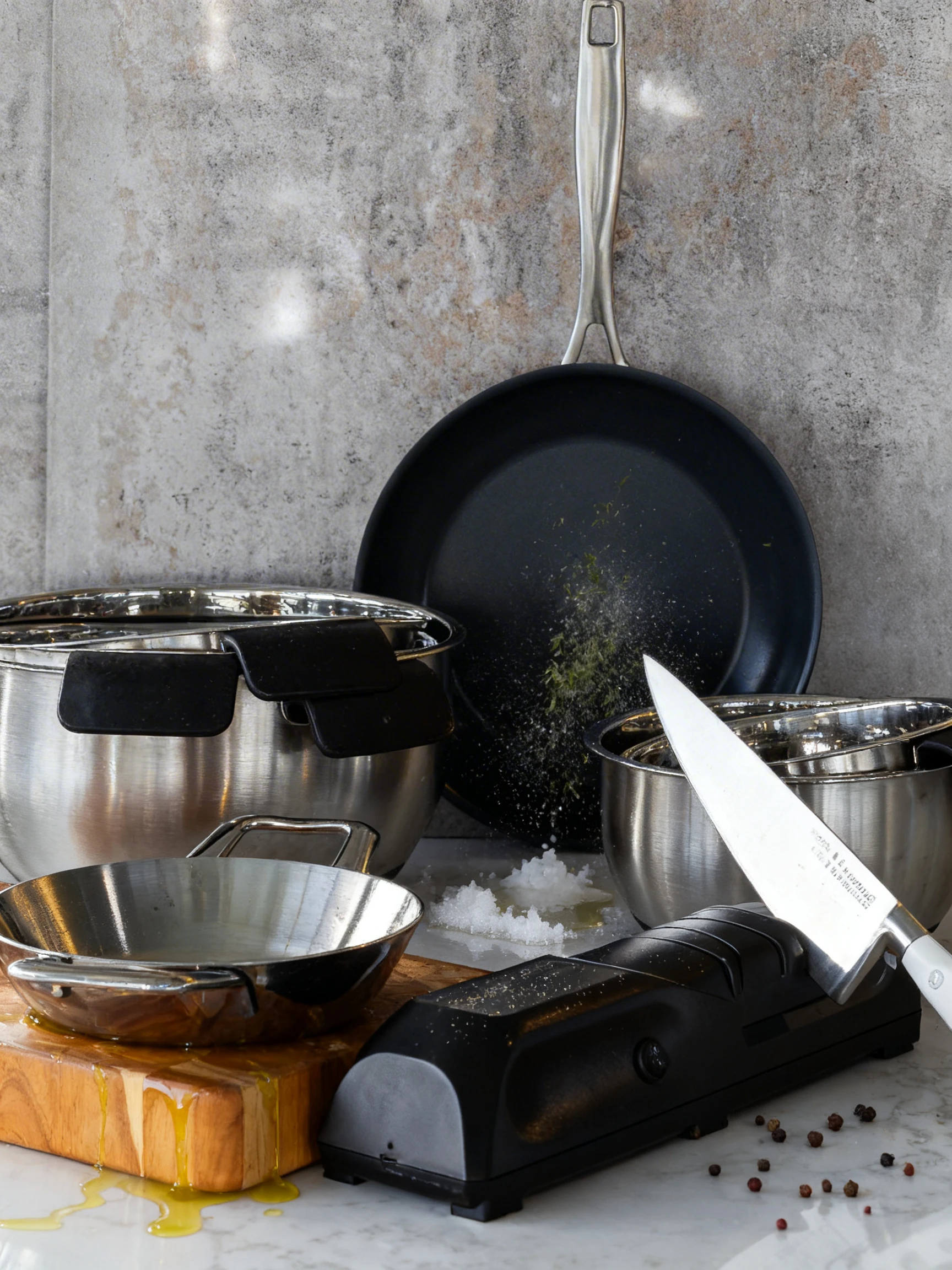 An assortment of stainless steel cookware and kitchen tools, including nested pots, a frying pan, a small skillet on a wooden cutting board, a chef's knife, and