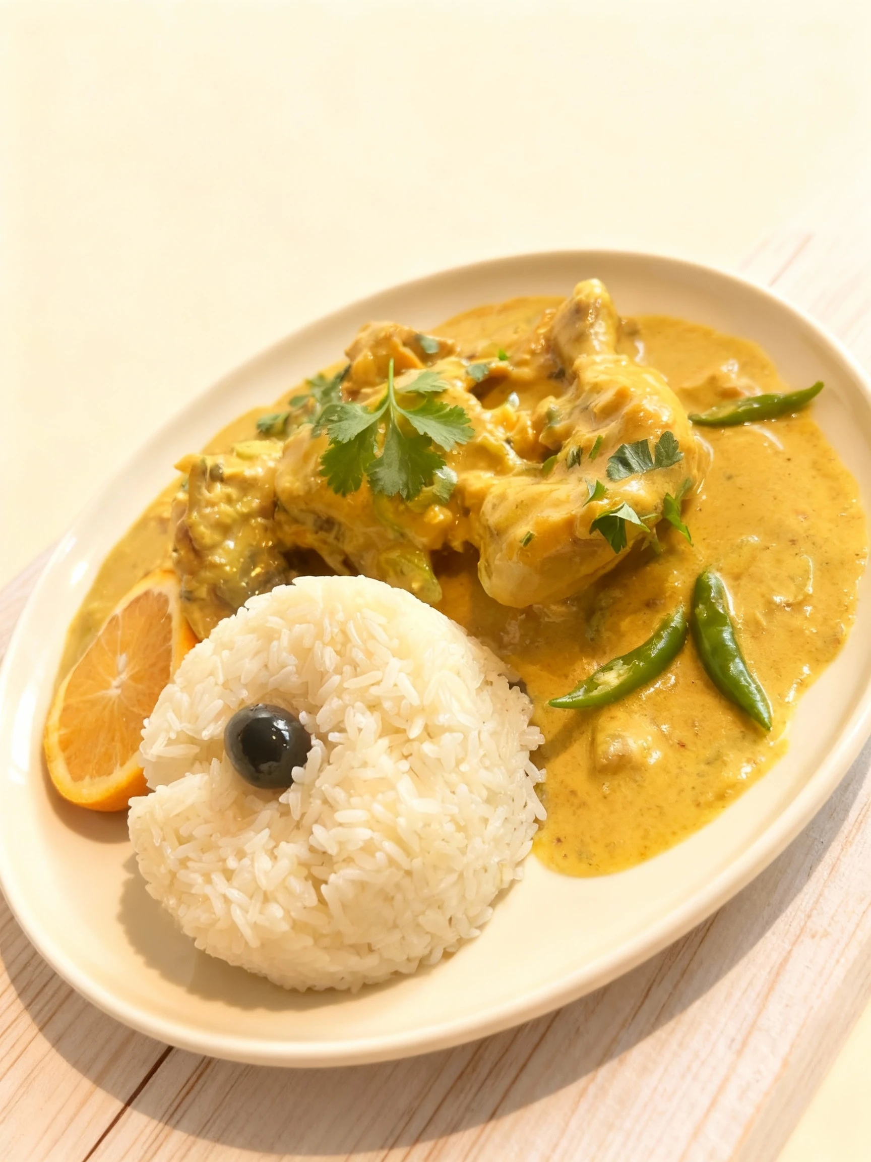 Chicken curry garnished with fresh cilantro and green chilies, served with a molded dome of white rice topped with a black olive and an orange slice on the side