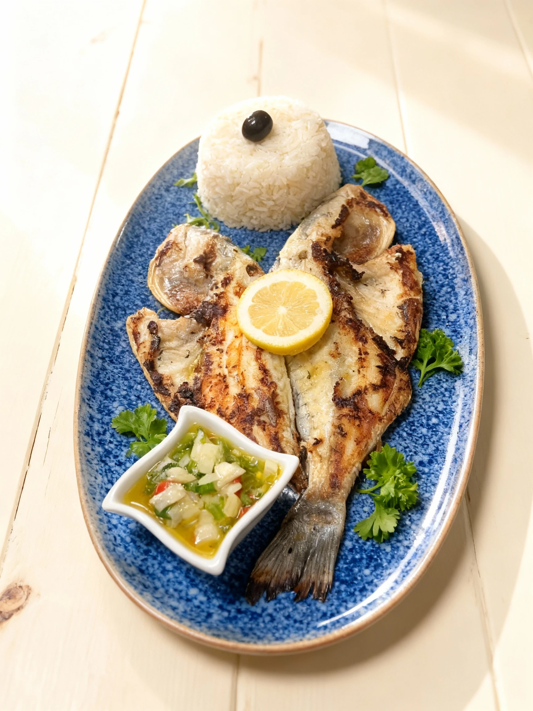 Grilled butterfly sea bream served with a dome of white rice topped with a black olive, a lemon slice, and a side of vinaigrette salsa.