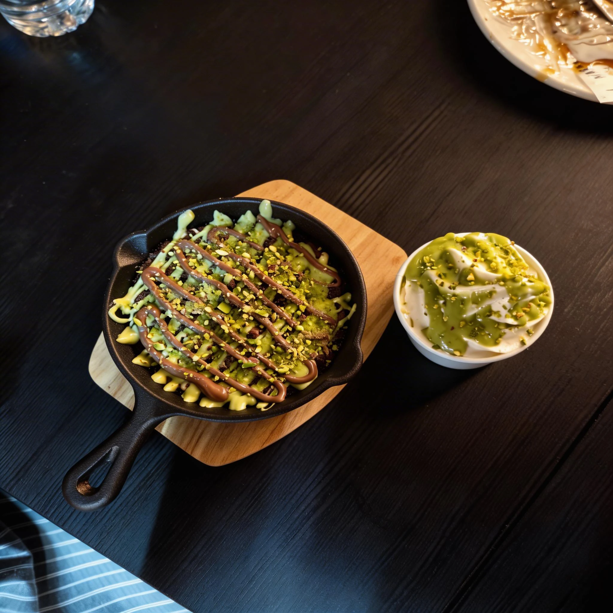 A skillet cookie topped with chocolate and pistachio drizzles and crushed pistachios, served alongside a cup of soft-serve ice cream with similar toppings.