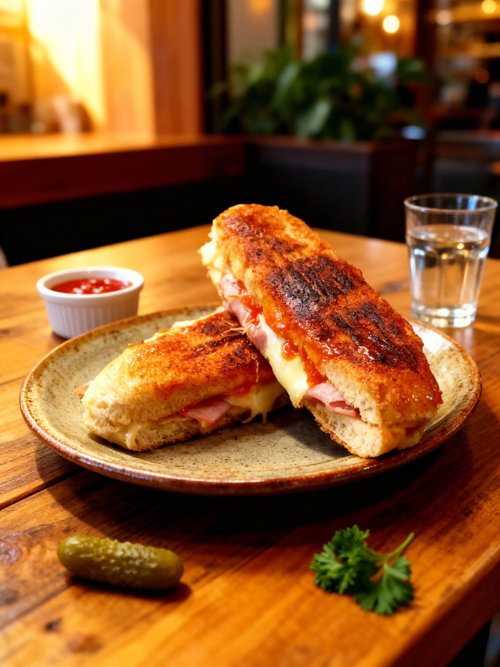 A stack of toasted ham and cheese sandwiches served on crusty bread with melted cheese and red sauce.